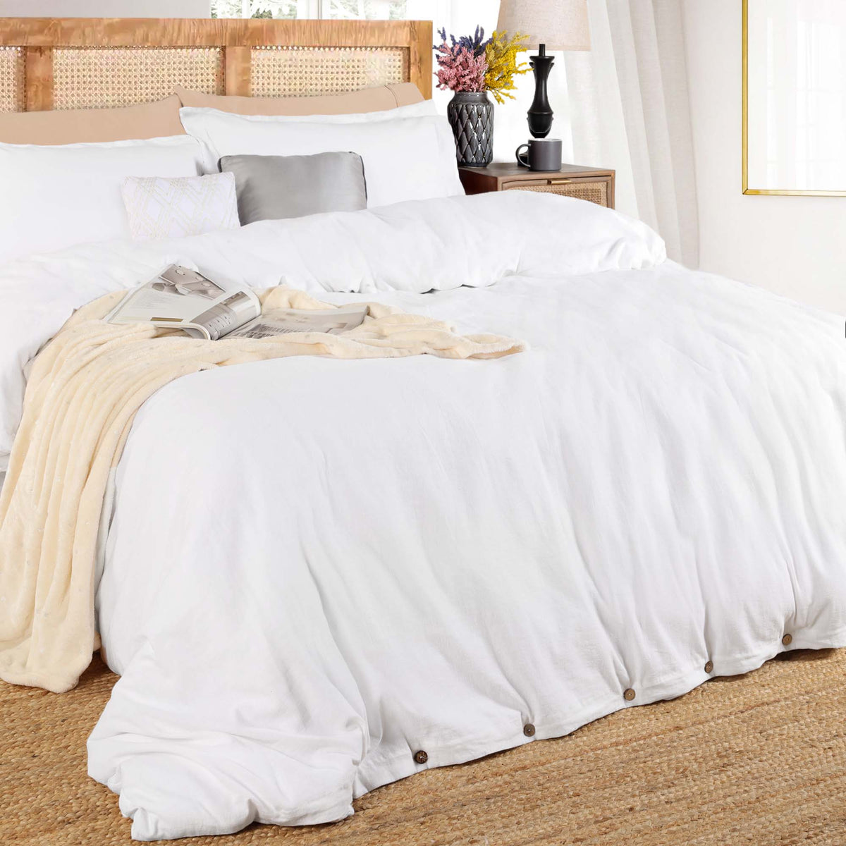 Superior Cotton Linen Blend Solid 3 Piece Duvet Cover Set - White