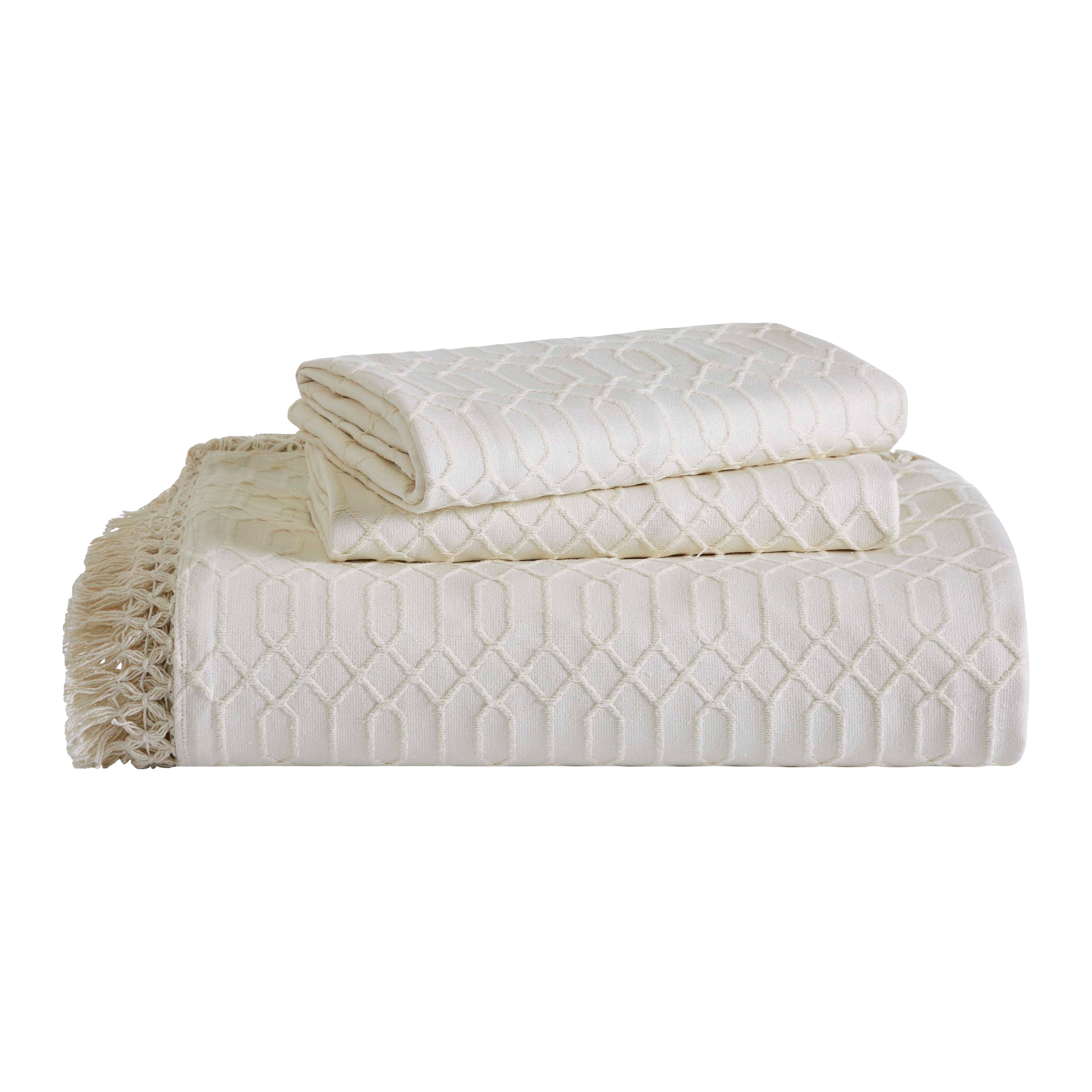Lightweight Cotton Bedspread Set 3-Piece Remi Geometric Fringe Jacquard - Bedspread by Superior Brand