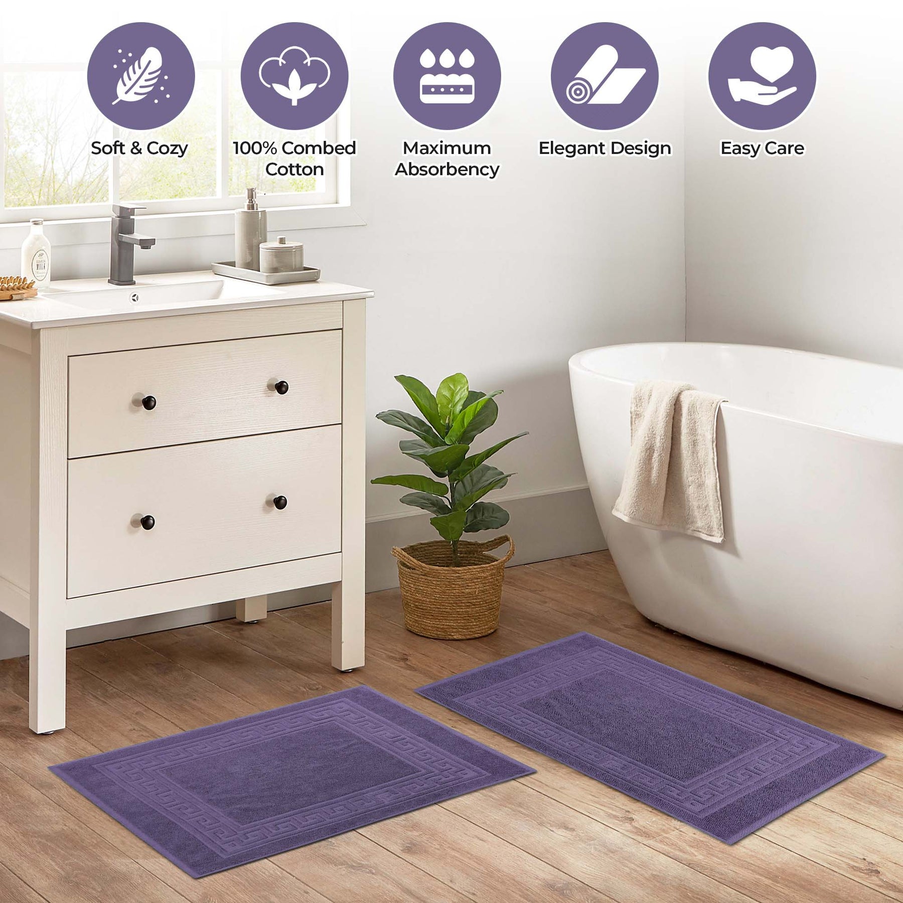 100% Cotton Highly-Absorbent Greek Key Border Solid 2-Piece Bath Mat Set - RoylaPurple