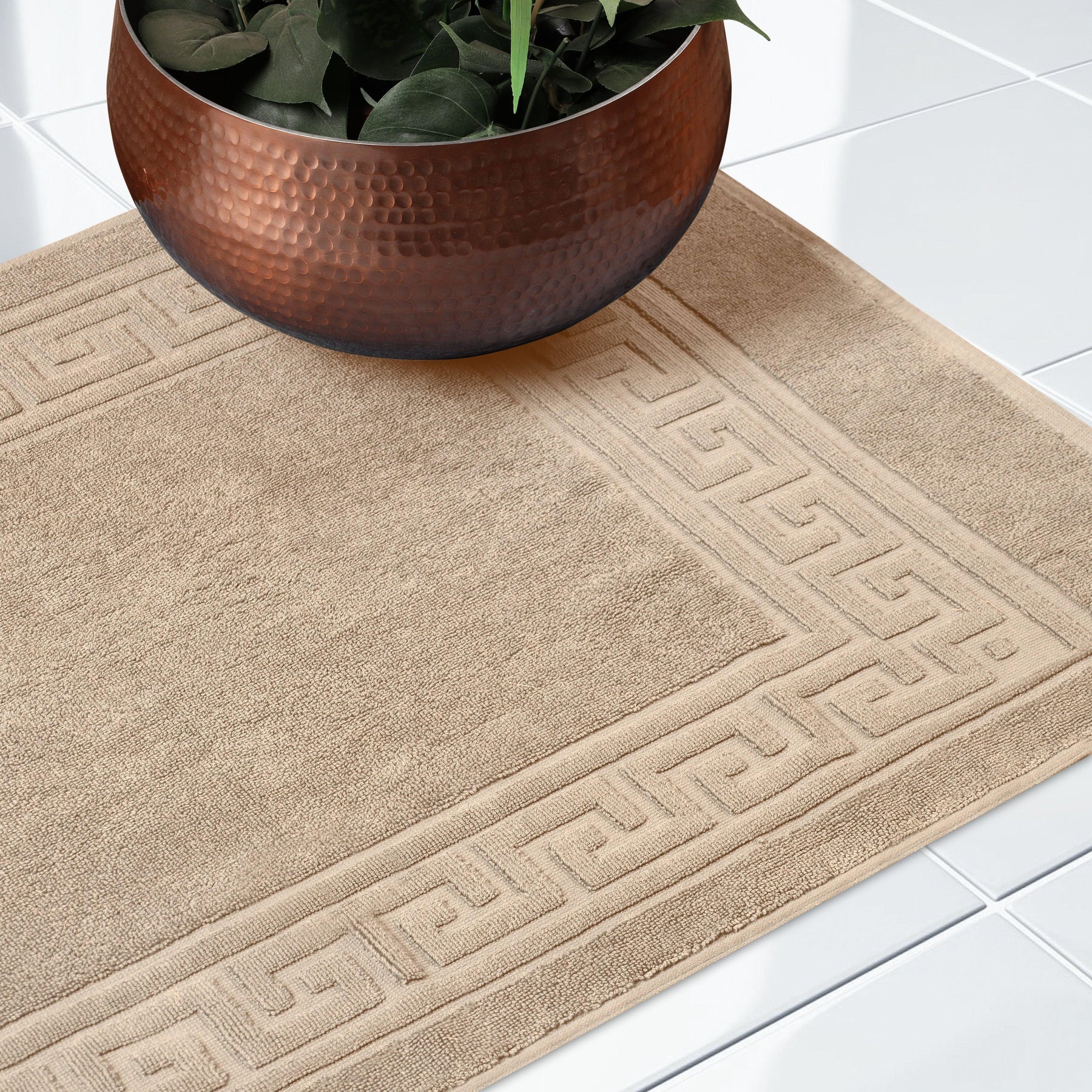 100% Cotton Highly-Absorbent Greek Key Border Solid 2-Piece Bath Mat Set - Taupe