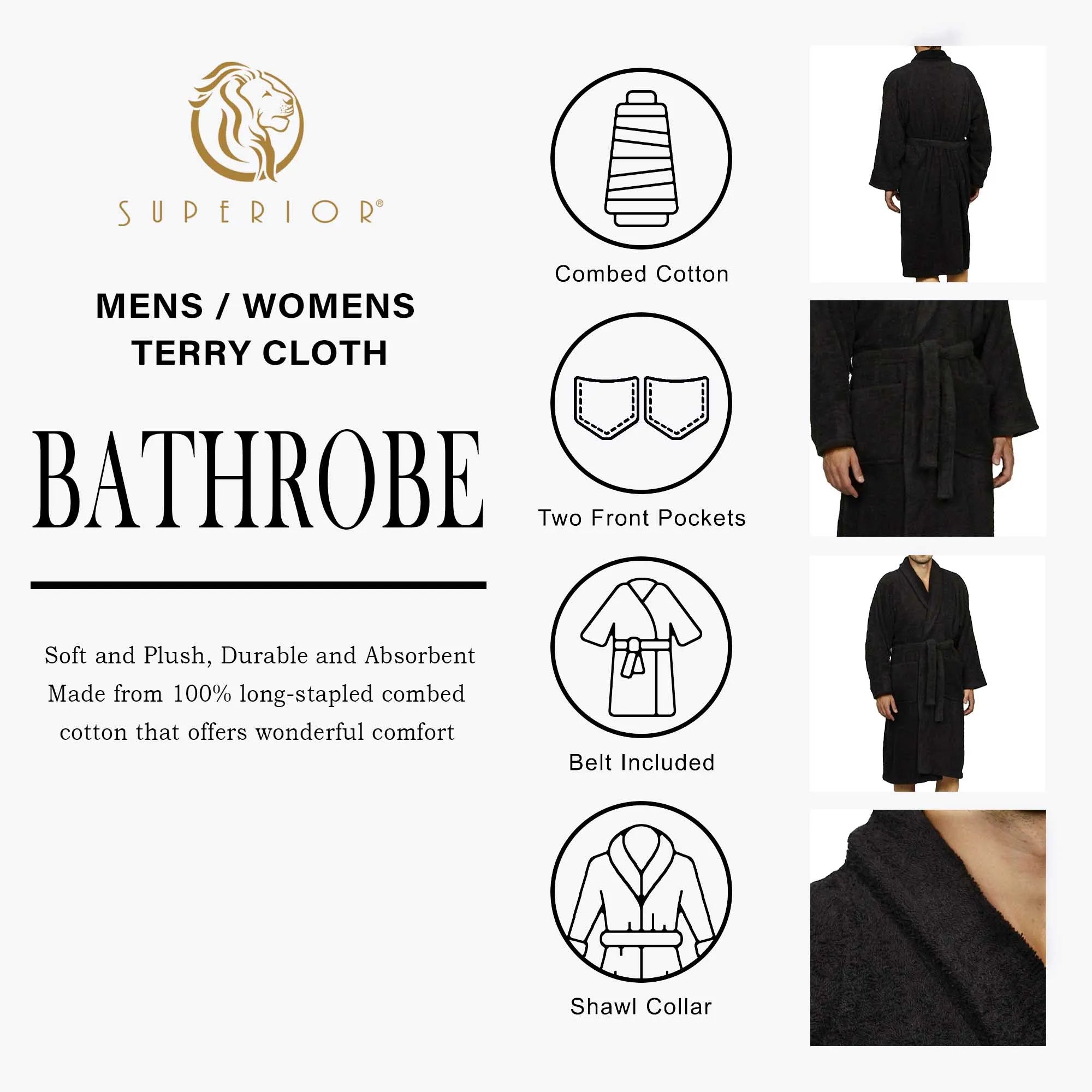Cotton Ultra Soft Terry Bath Robe Adult Unisex Lightweight Bathrobe - Bath Robe by Superior Brand