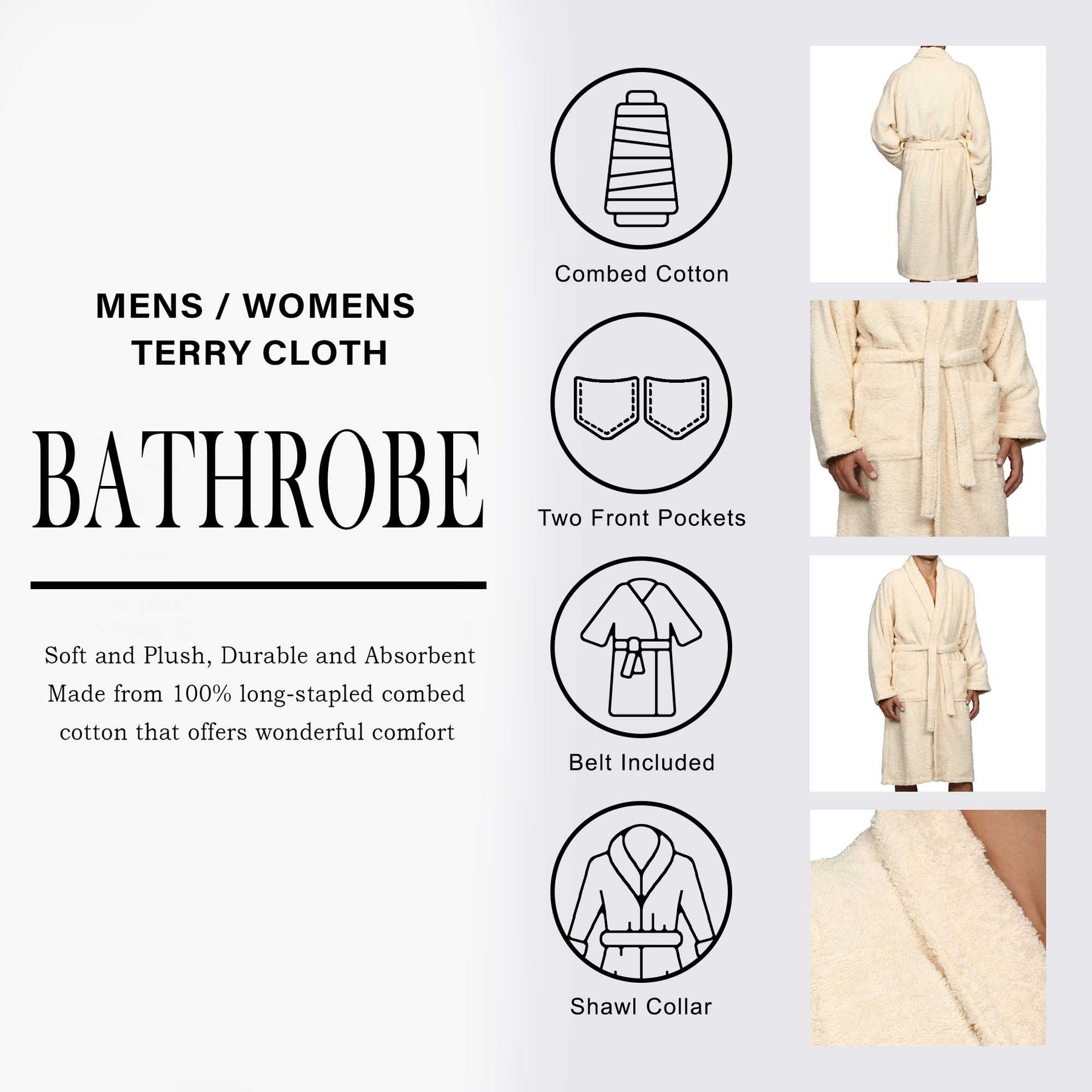 Cotton Ultra-Soft Terry Adult Unisex Lightweight Luxury Bathrobe - Ivory