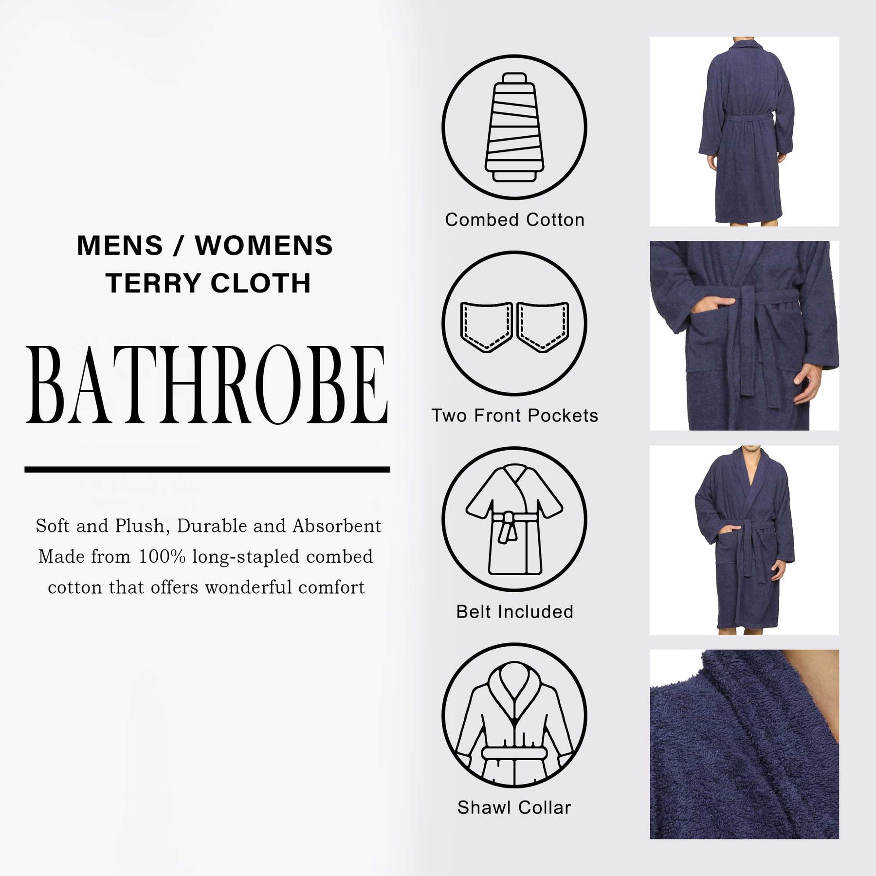 Cotton Ultra-Soft Terry Adult Unisex Lightweight Luxury Bathrobe - Navy Blue