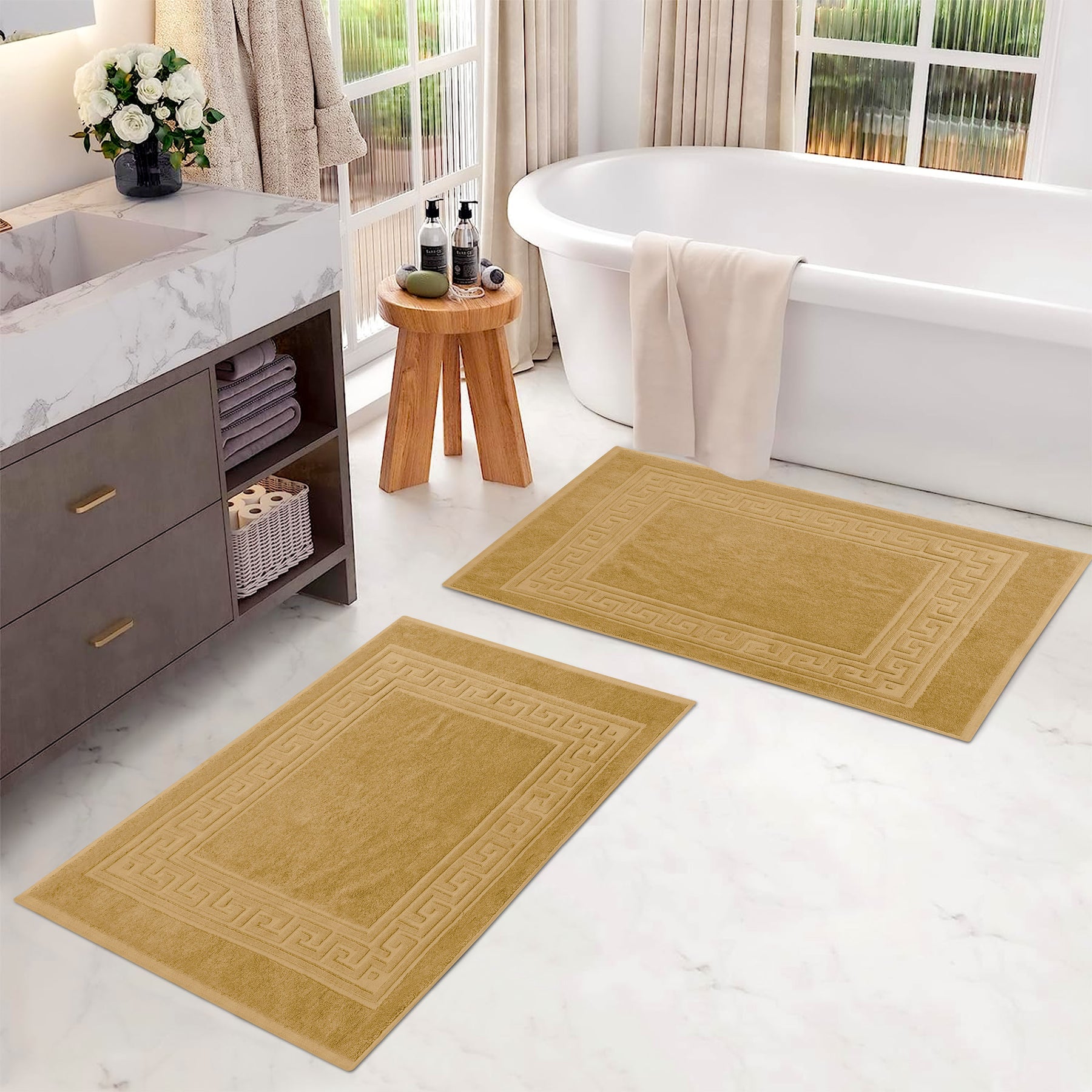 100% Cotton Highly-Absorbent Greek Key Border Solid 2-Piece Bath Mat Set - Toast