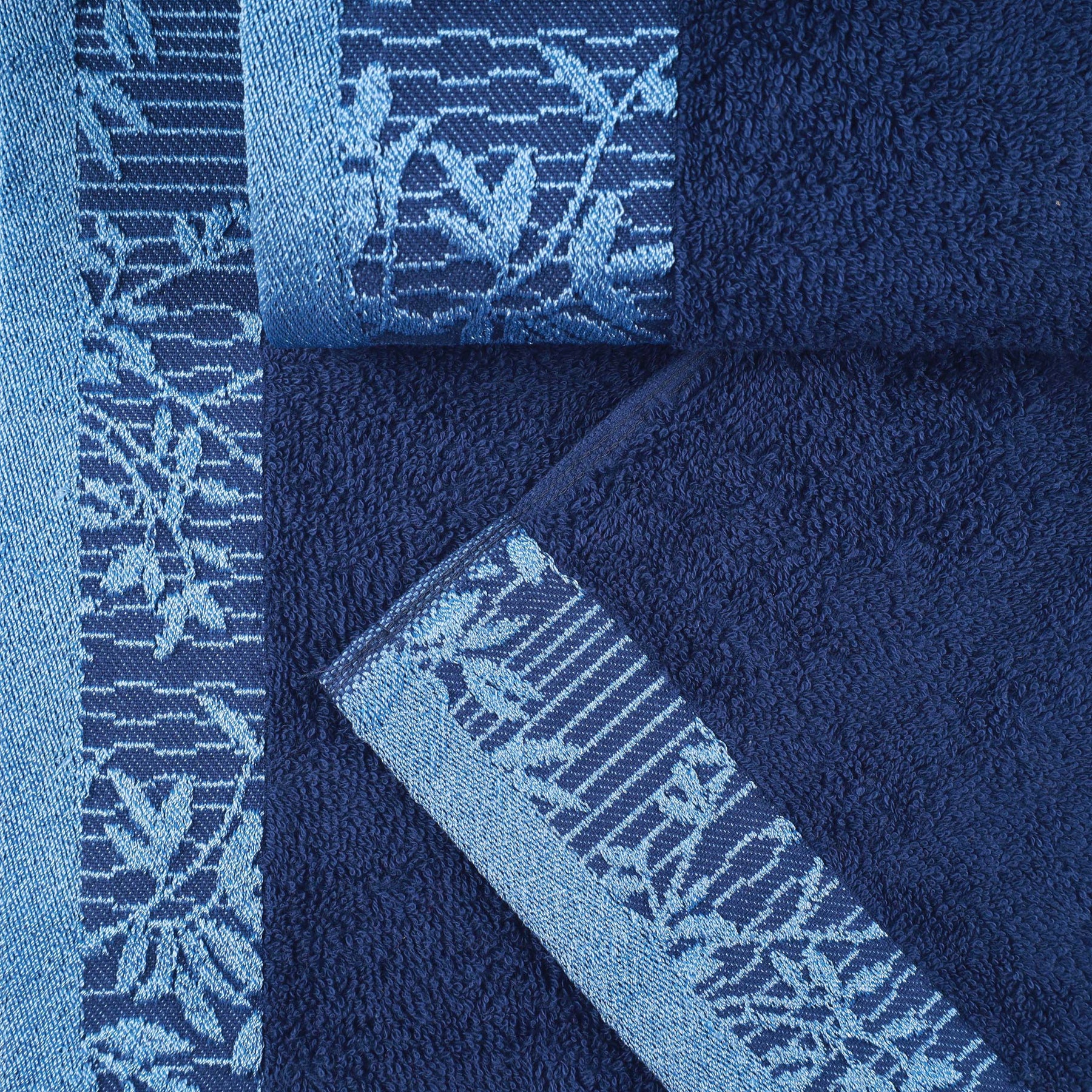 Superior Wisteria Cotton Floral Jacquard Border Hand Towels  - Navy Blue