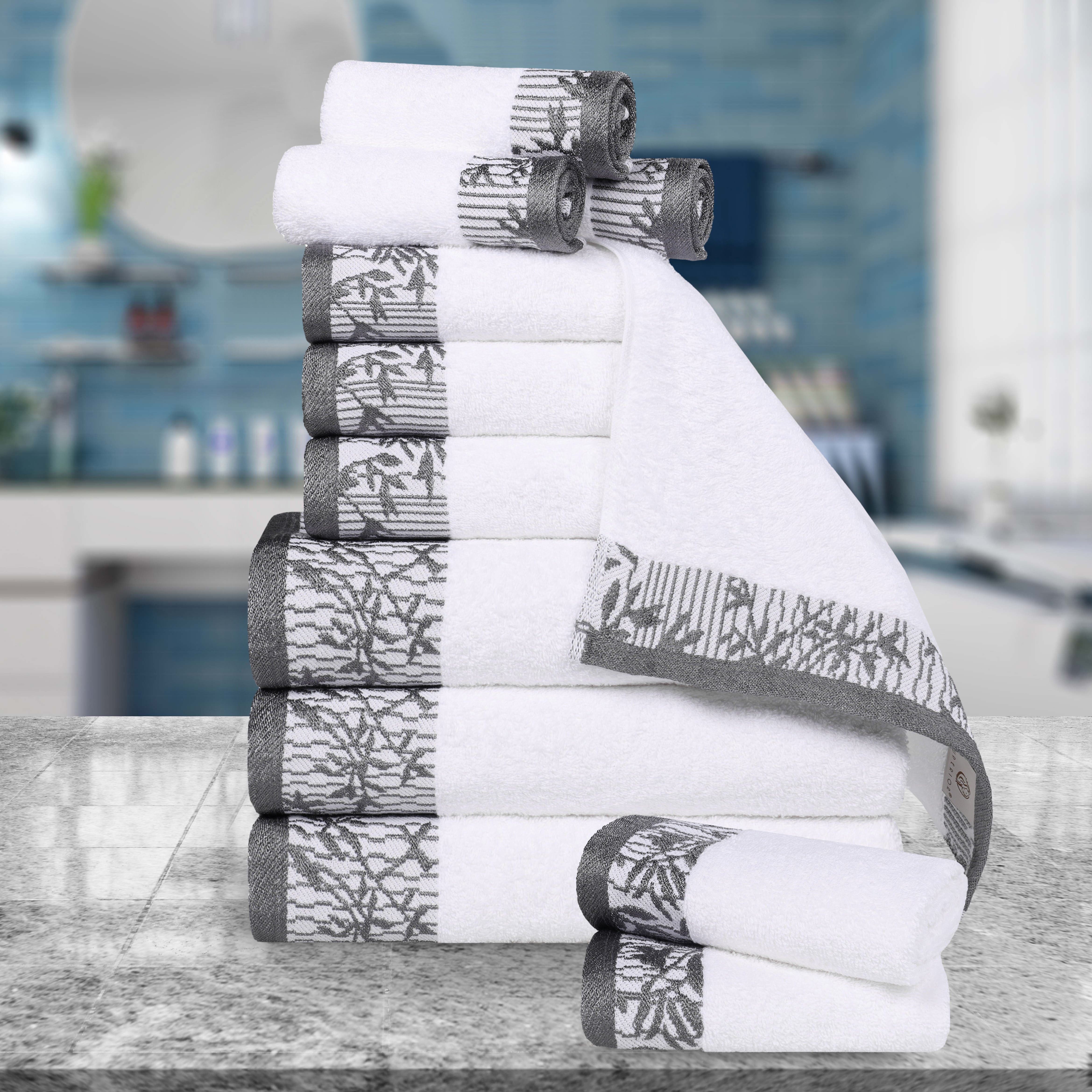 Wisteria Cotton Medium Weight Floral Jacquard Border 12 Piece Towel Set - Towel Set by Superior Brand