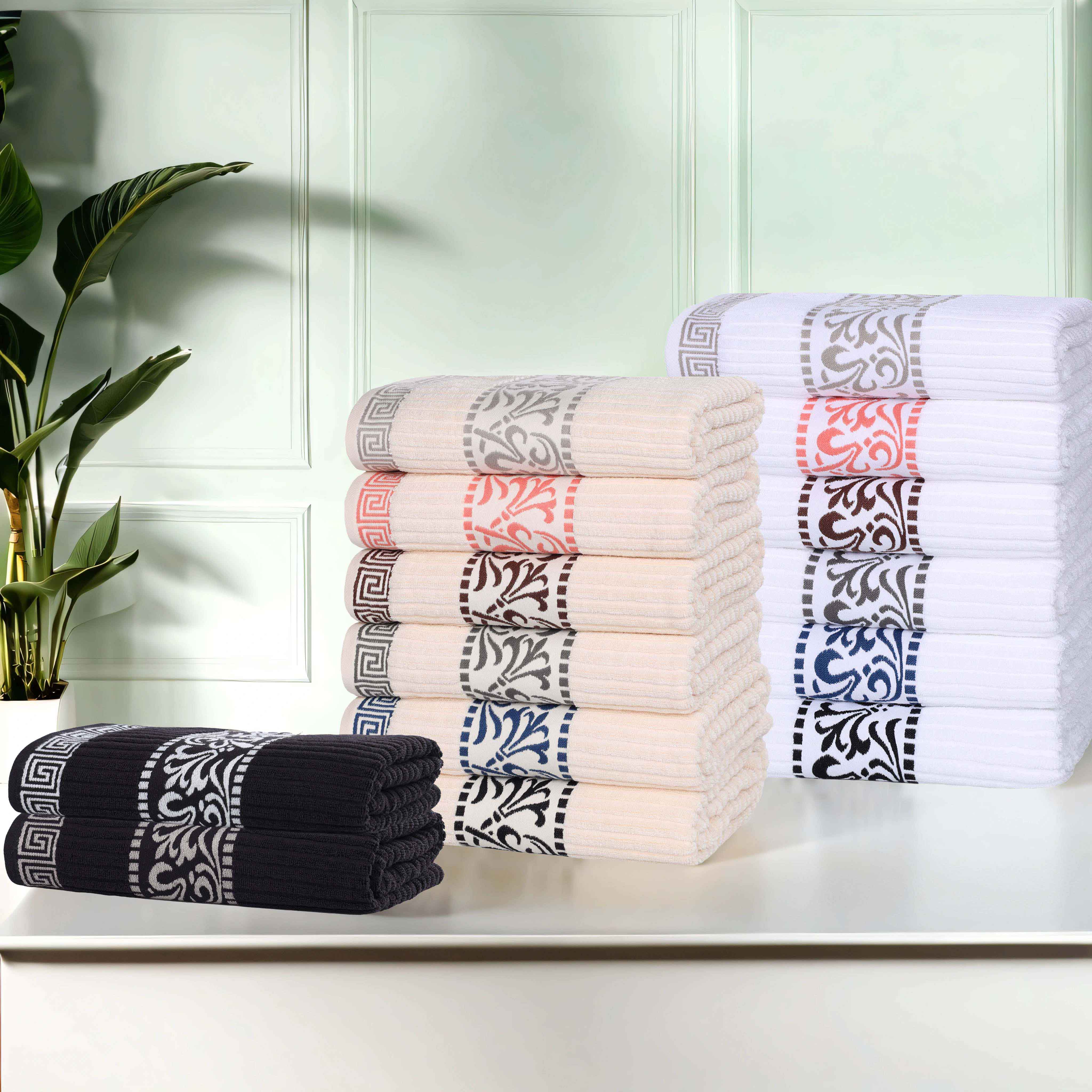 Athens Cotton Medium Weight Floral Greek Key Trim 3 Piece Towel Set - Towel Set by Superior Brand
