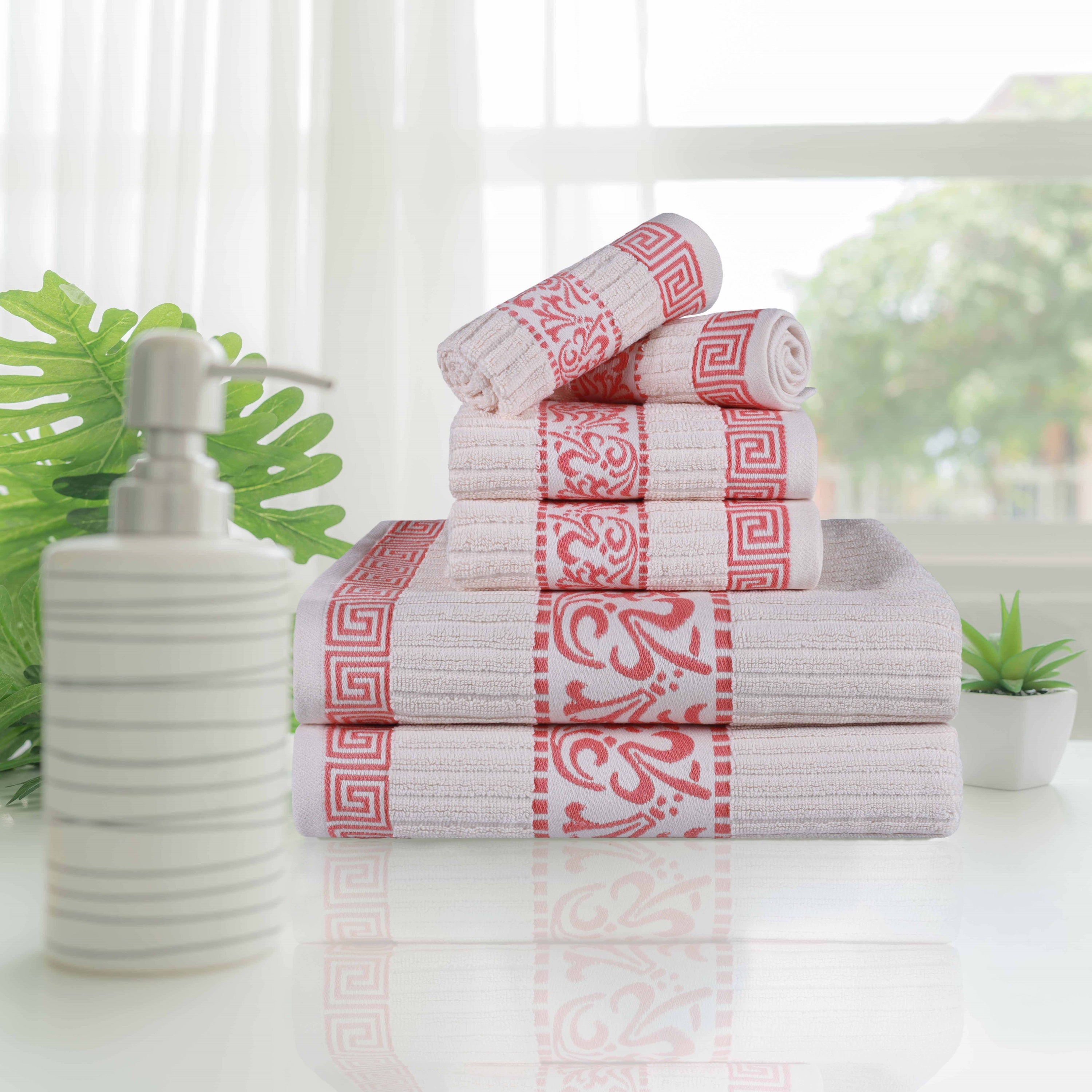 Athens Cotton Medium Weight Floral Greek Key Trim 6 Piece Towel Set - Towel Set by Superior Brand