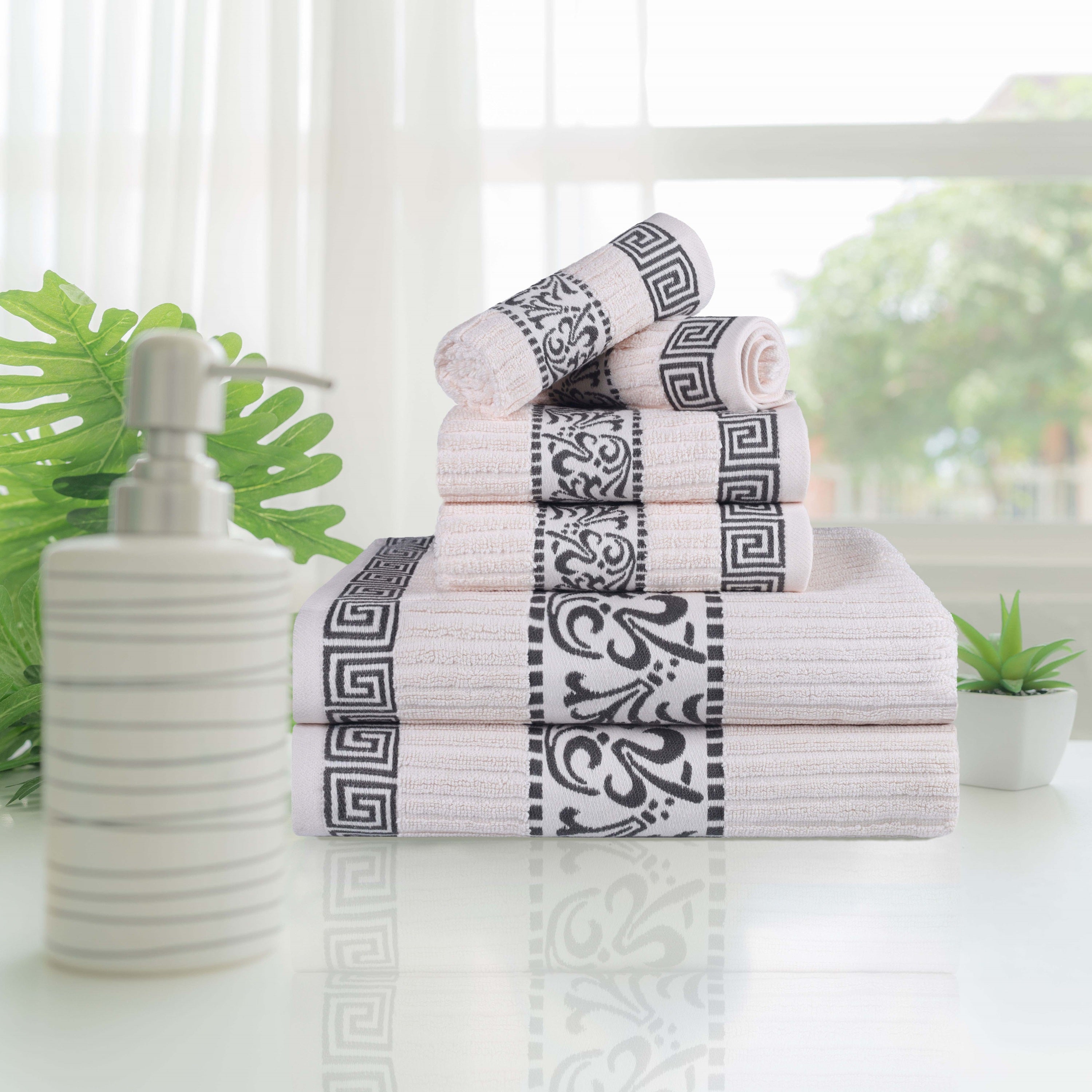 Athens Cotton Medium Weight Floral Greek Key Trim 6 Piece Towel Set - Towel Set by Superior Brand