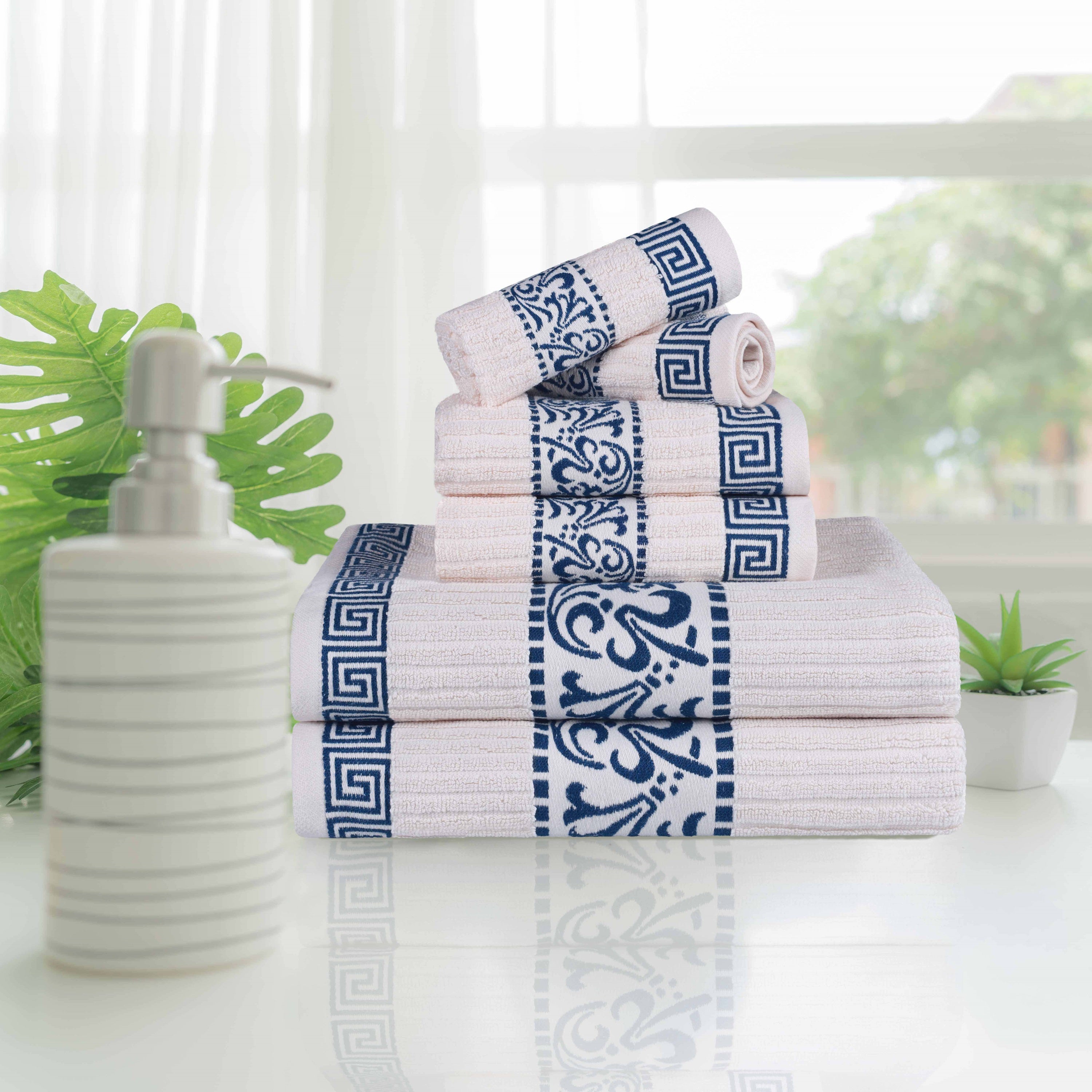 Athens Cotton Medium Weight Floral Greek Key Trim 6 Piece Towel Set - Towel Set by Superior Brand