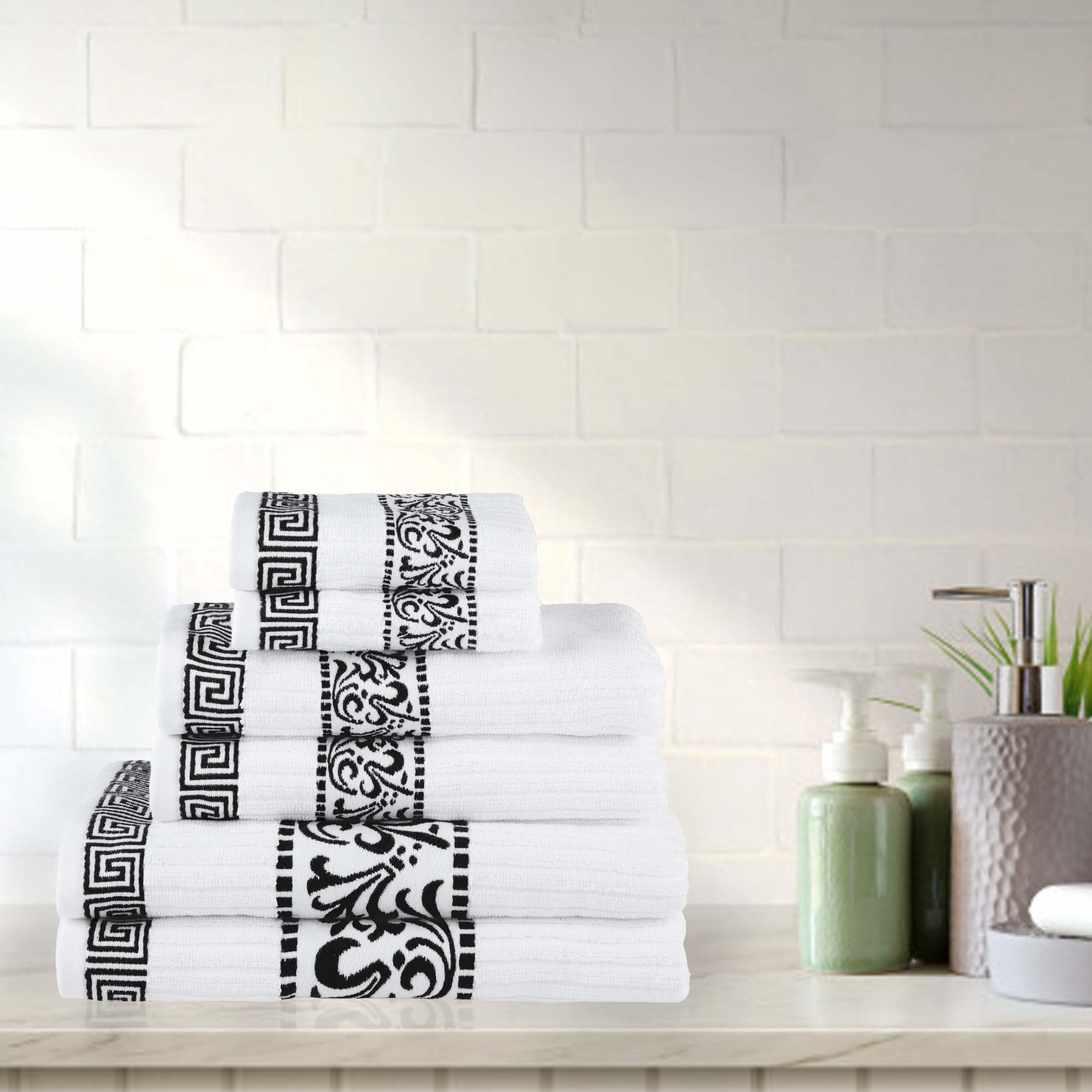 Athens Cotton Medium Weight Floral Greek Key Trim 6 Piece Towel Set - Towel Set by Superior Brand