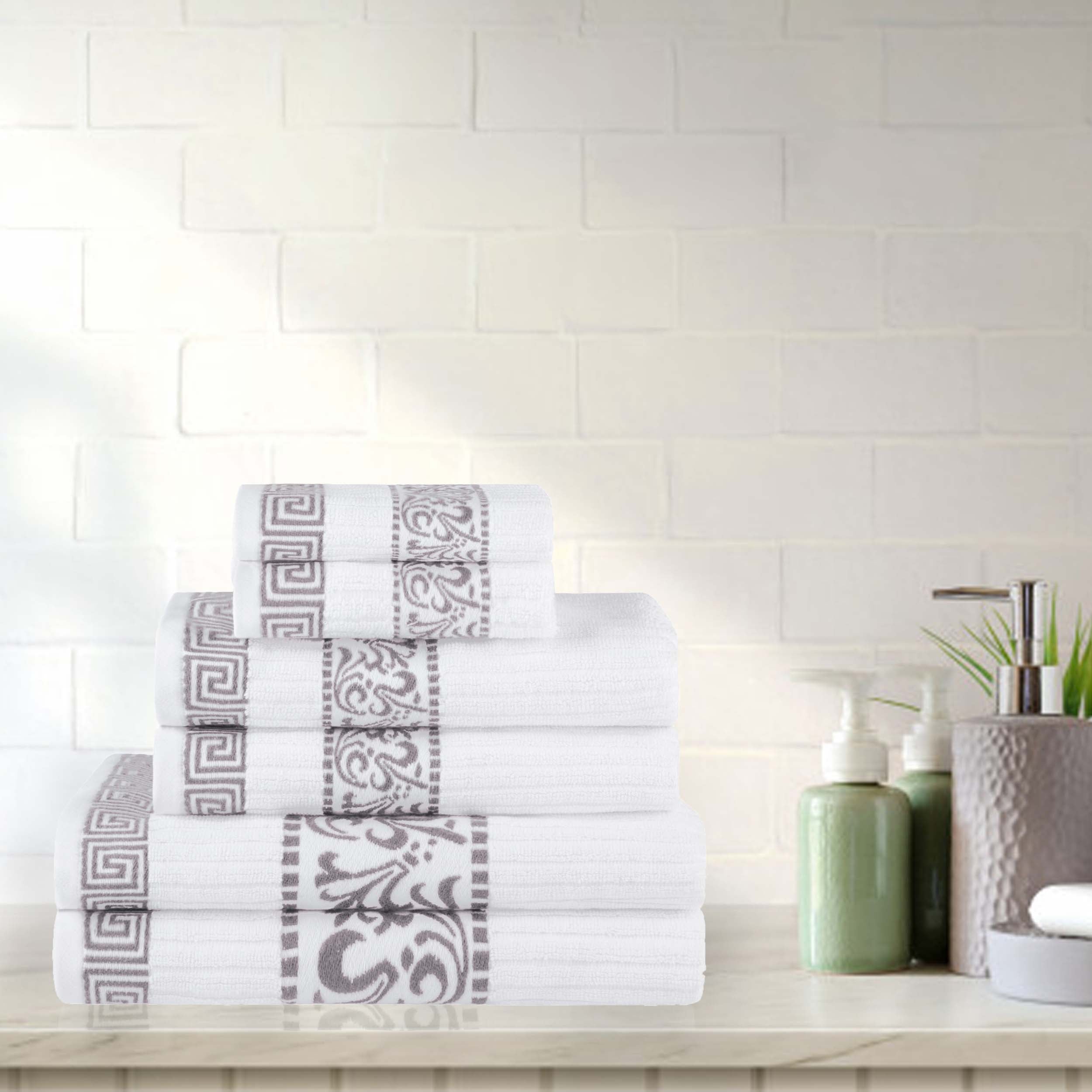 Athens Cotton Medium Weight Floral Greek Key Trim 6 Piece Towel Set - Towel Set by Superior Brand