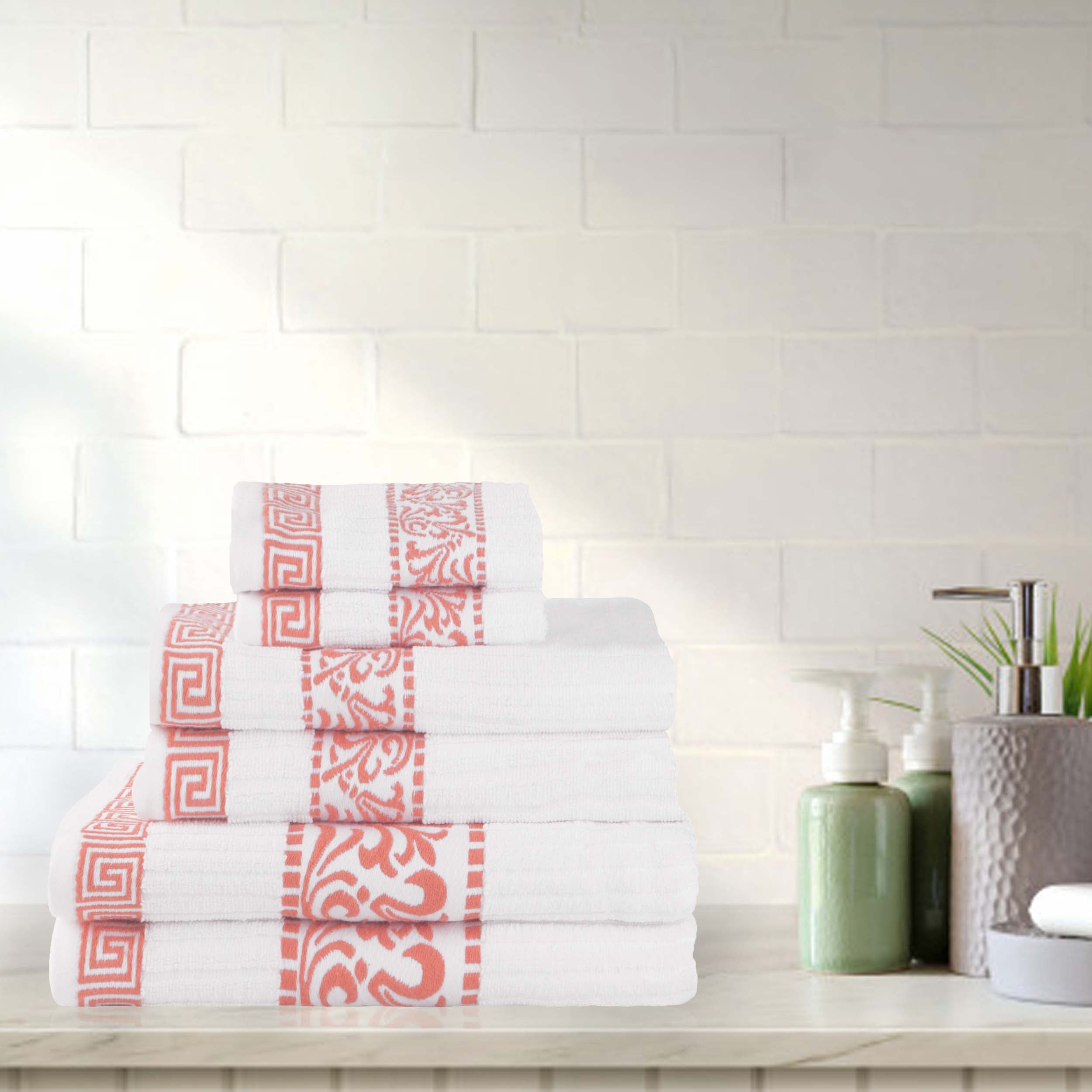 Athens Cotton Medium Weight Floral Greek Key Trim 6 Piece Towel Set - Towel Set by Superior Brand