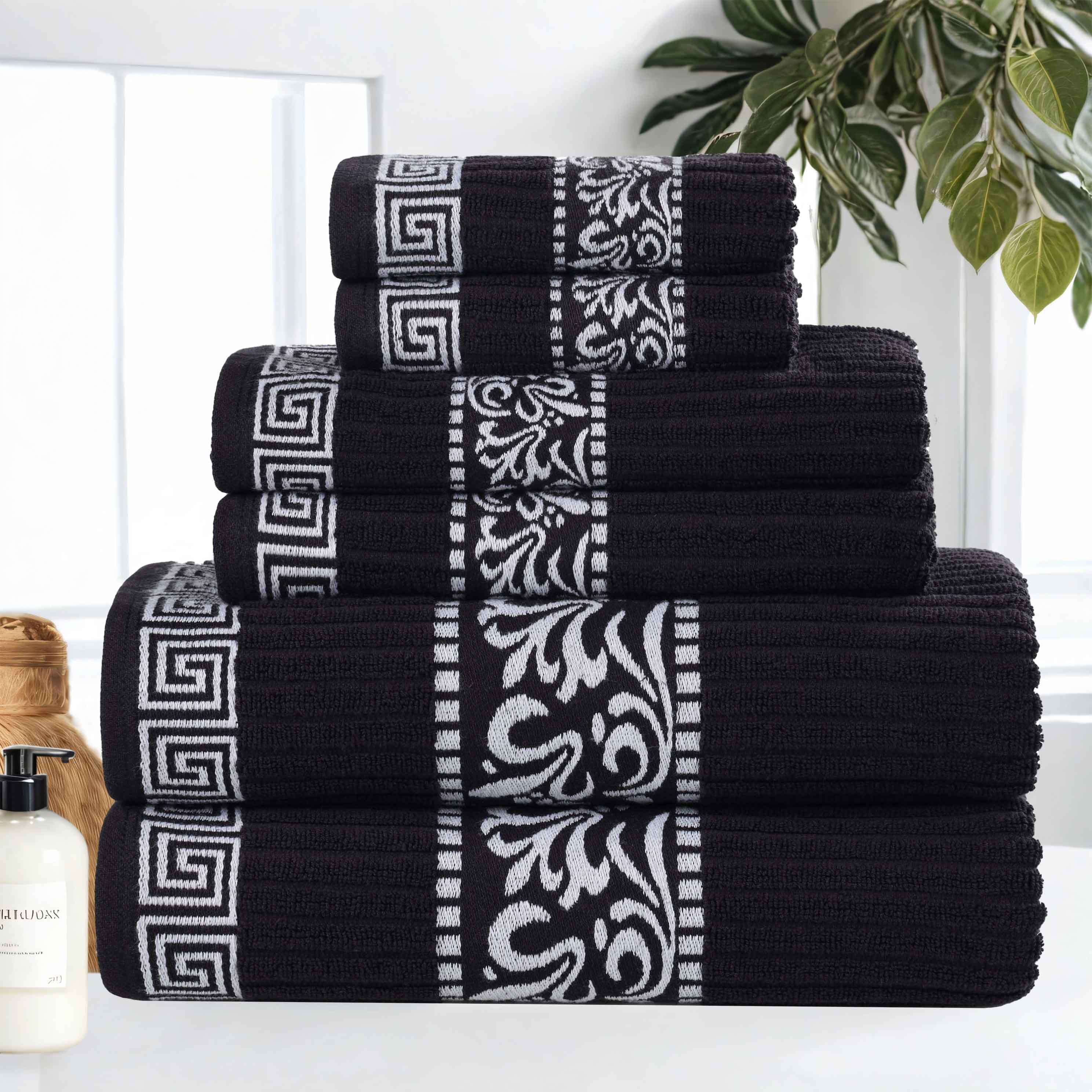Athens Cotton Medium Weight Floral Greek Key Trim 6 Piece Towel Set - Towel Set by Superior Brand