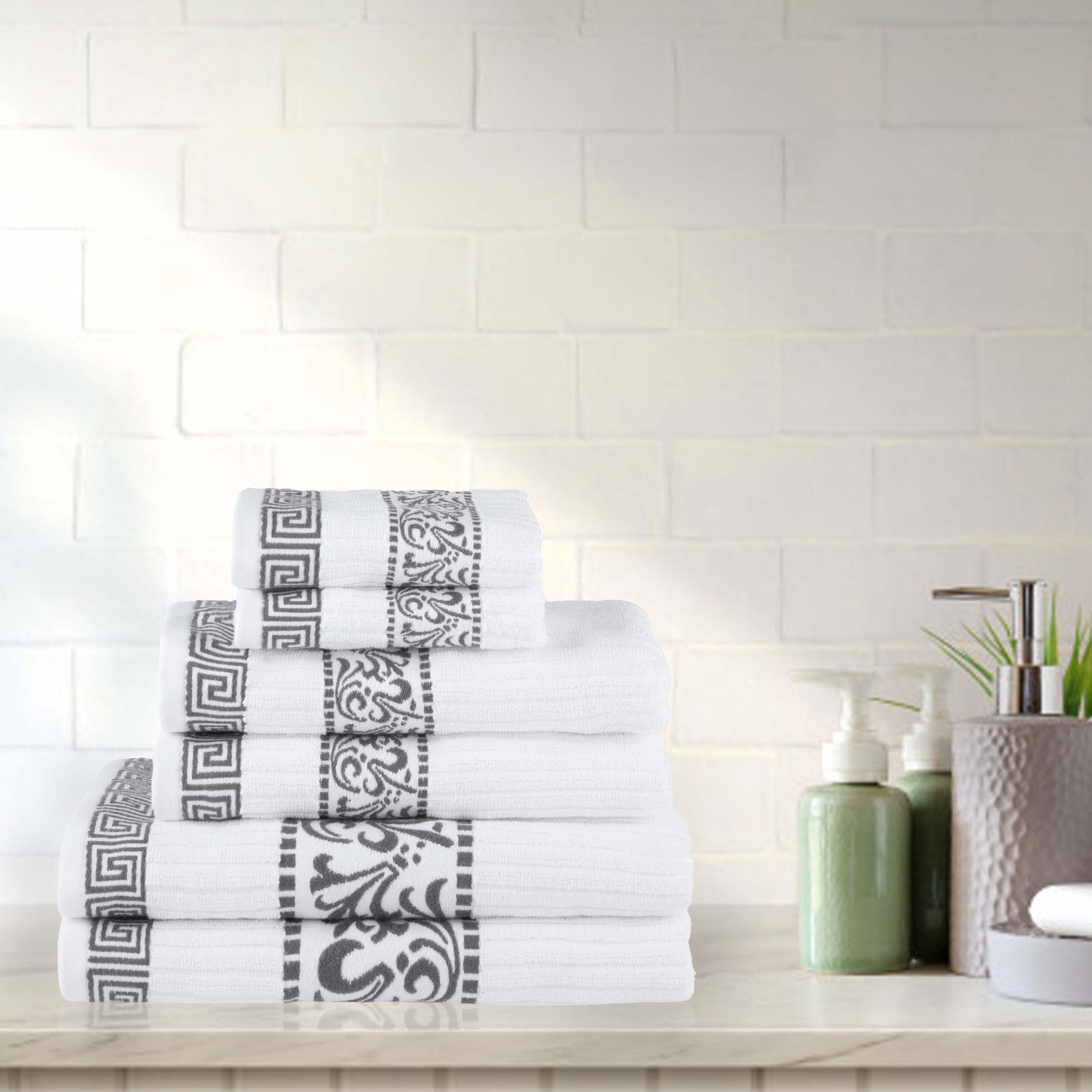Athens Cotton Medium Weight Floral Greek Key Trim 6 Piece Towel Set - Towel Set by Superior Brand