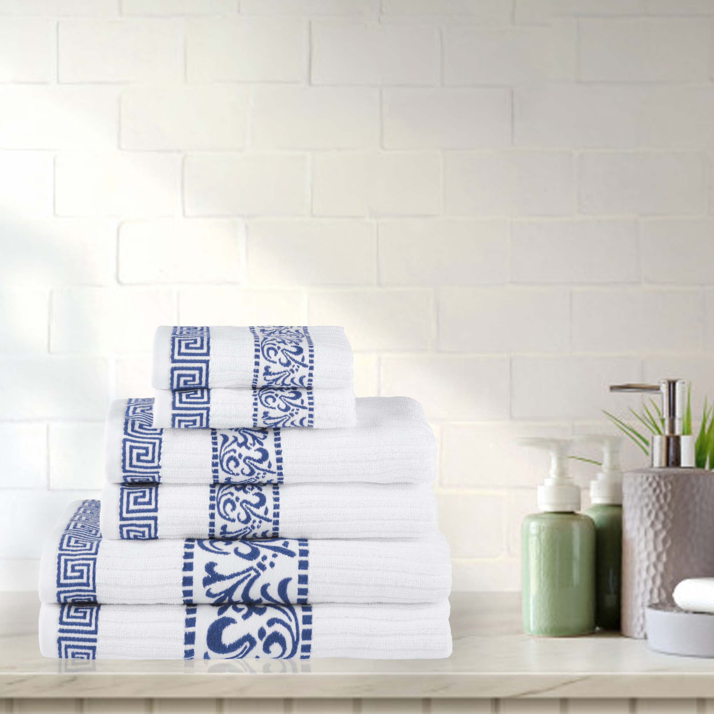 Athens Cotton Medium Weight Floral Greek Key Trim 6 Piece Towel Set - Towel Set by Superior Brand