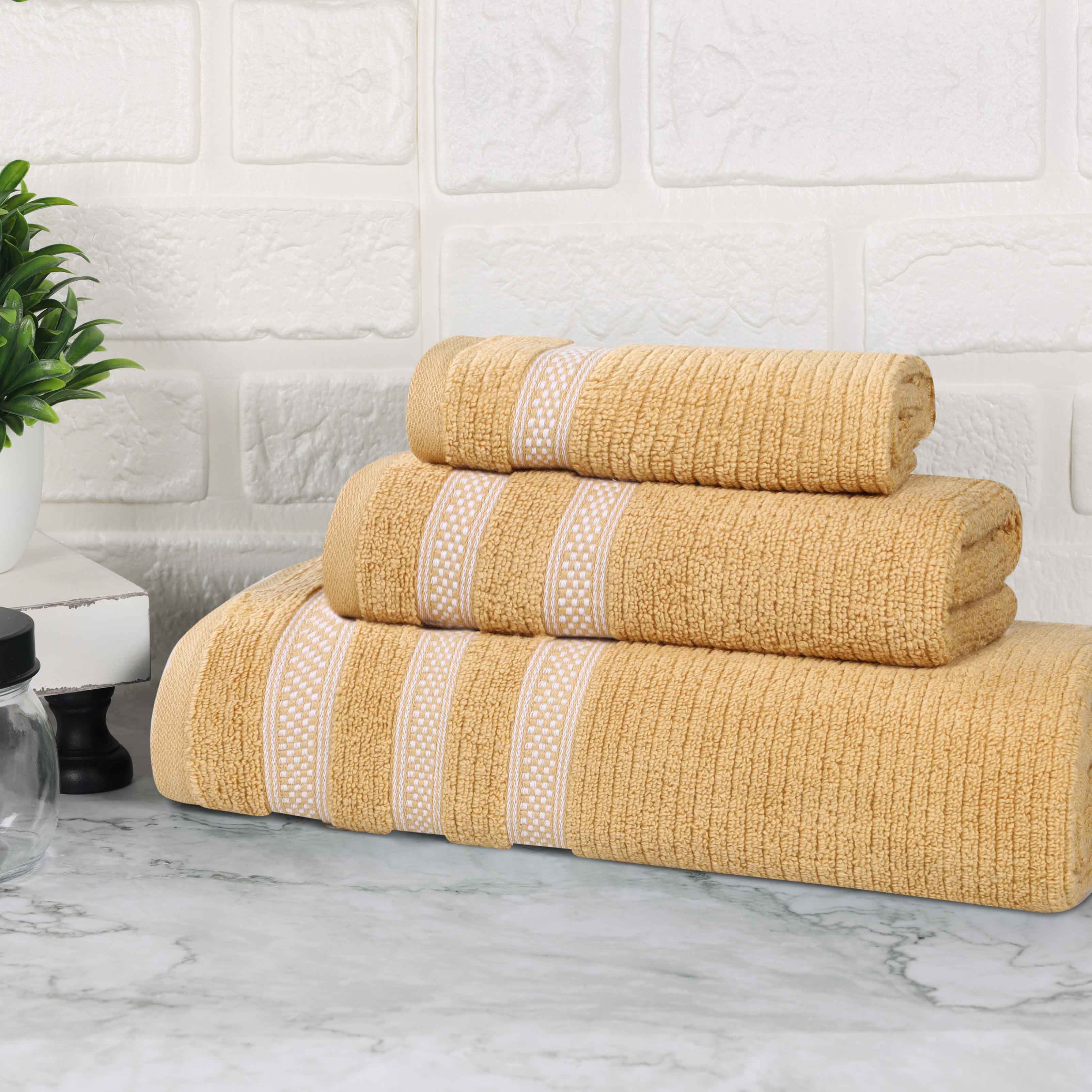 Brea Zero Twist Cotton Ribbed Geometric Border 3 Piece Towel Set - Towel Set by Superior Brand
