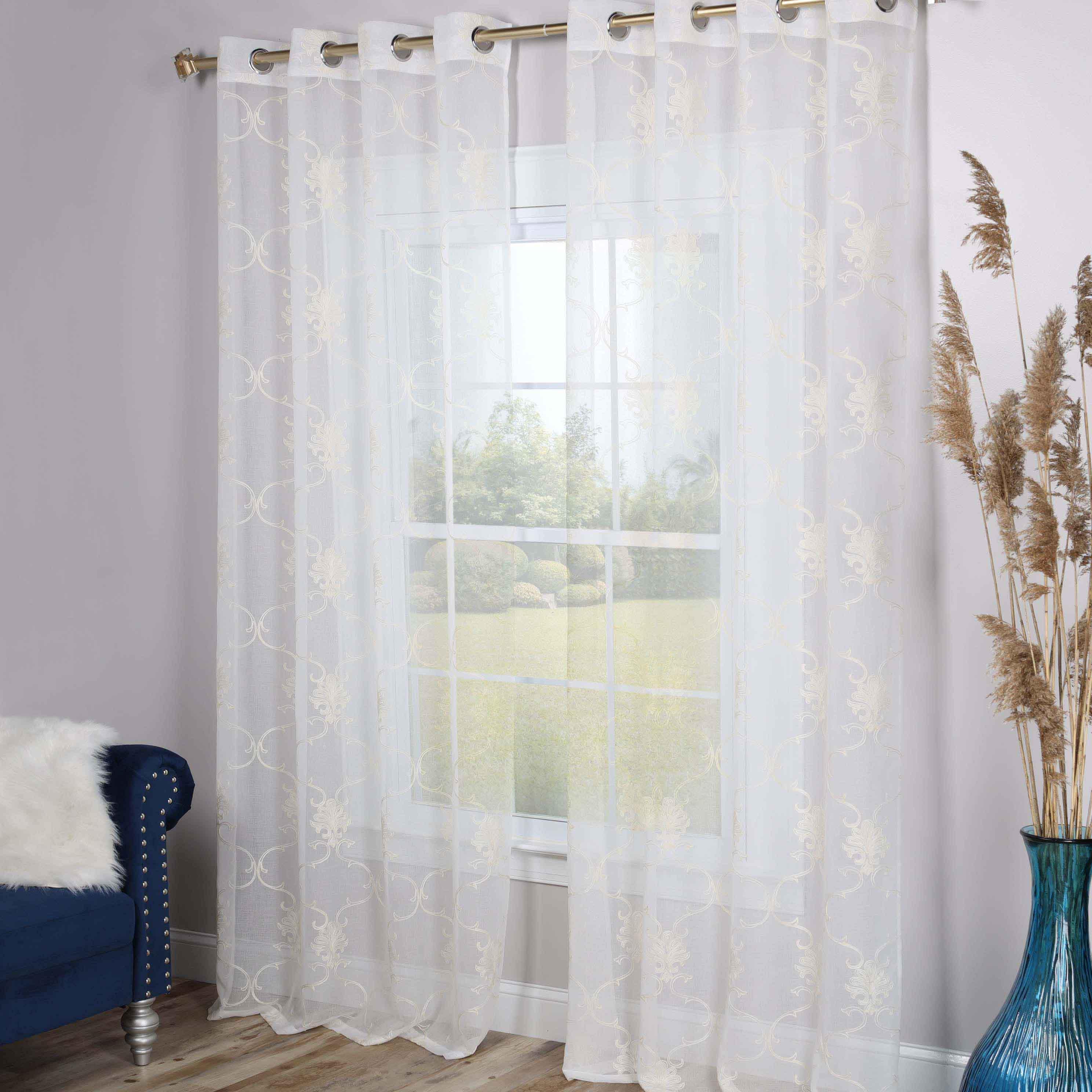 Embroidered Elegant Scroll Sheer Grommet Curtain Panel Set - Sheer Curtains by Superior Brand