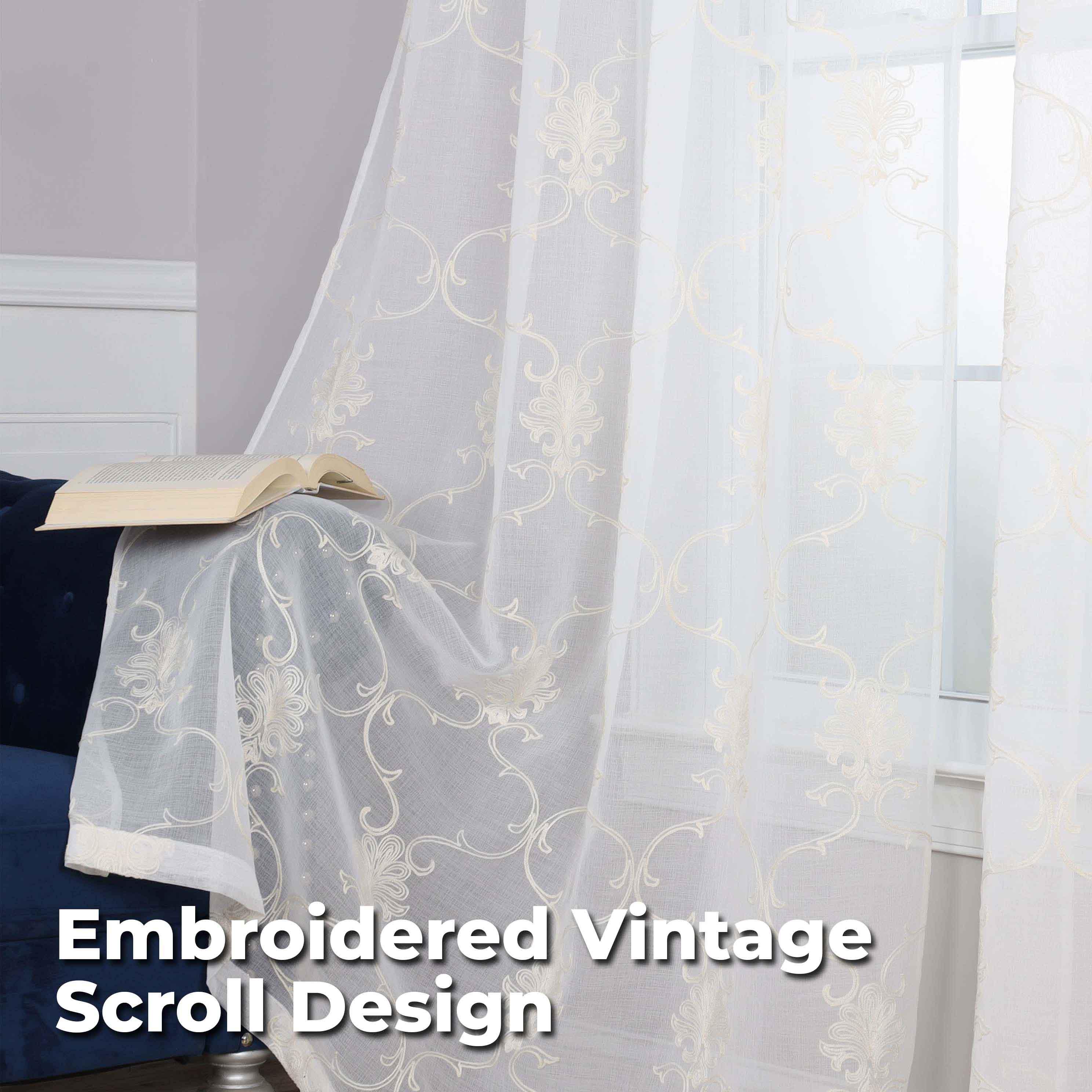 Embroidered Elegant Scroll Sheer Grommet Curtain Panel Set - Sheer Curtains by Superior Brand