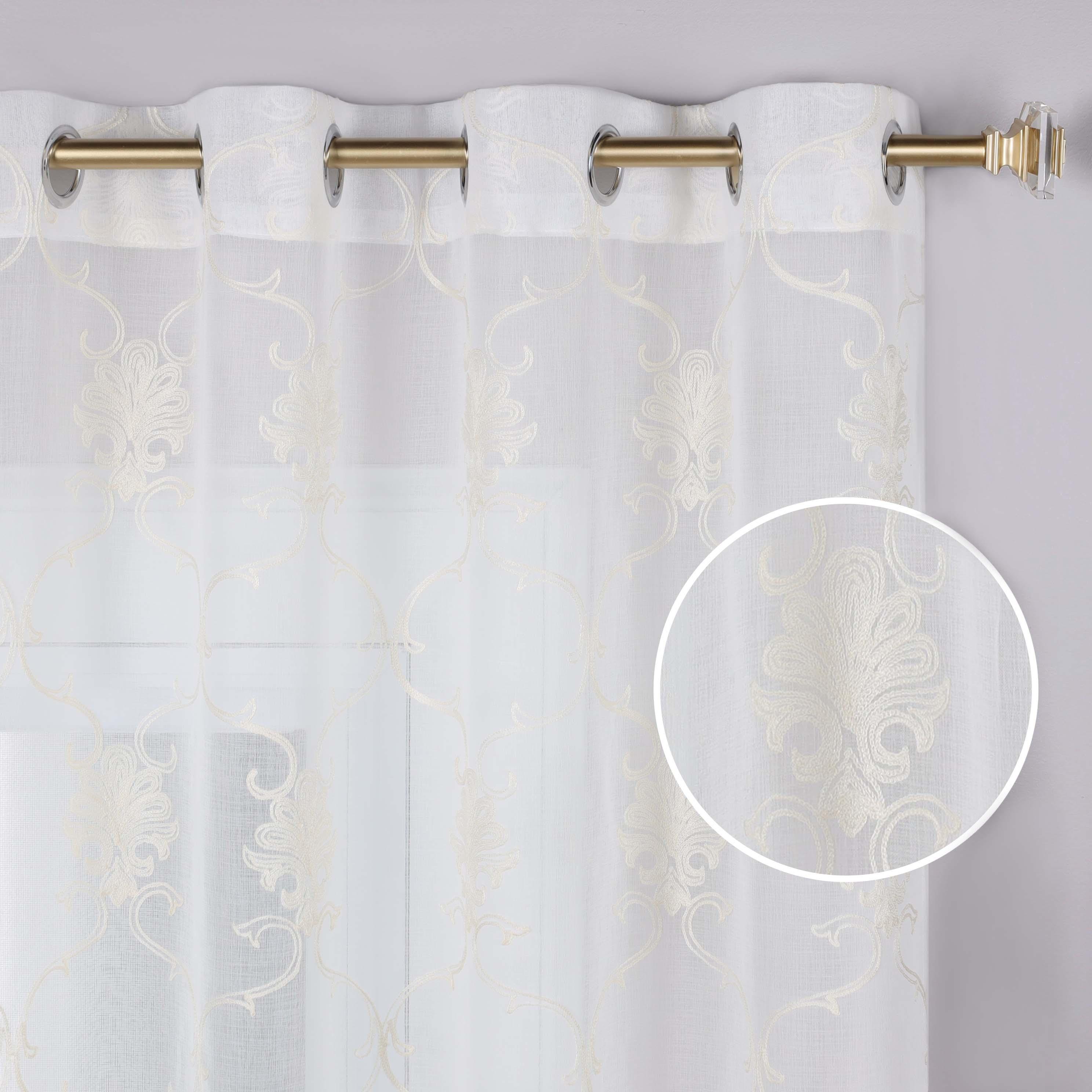 Embroidered Elegant Scroll Sheer Grommet Curtain Panel Set - Sheer Curtains by Superior Brand