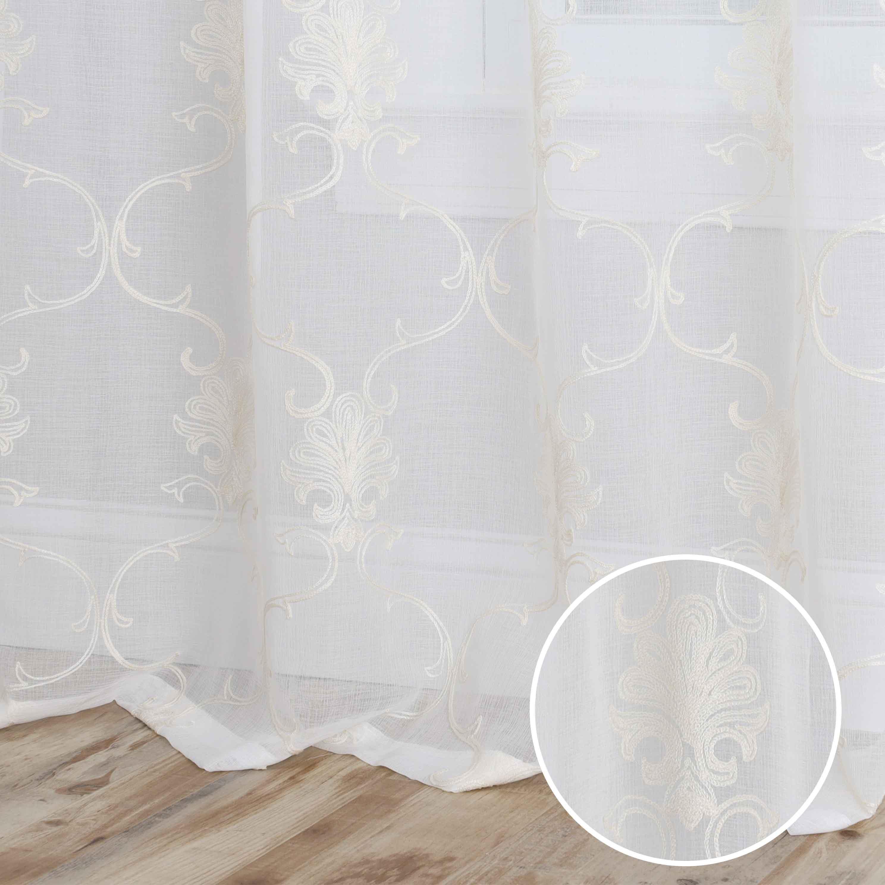 Embroidered Elegant Scroll Sheer Grommet Curtain Panel Set - Sheer Curtains by Superior Brand