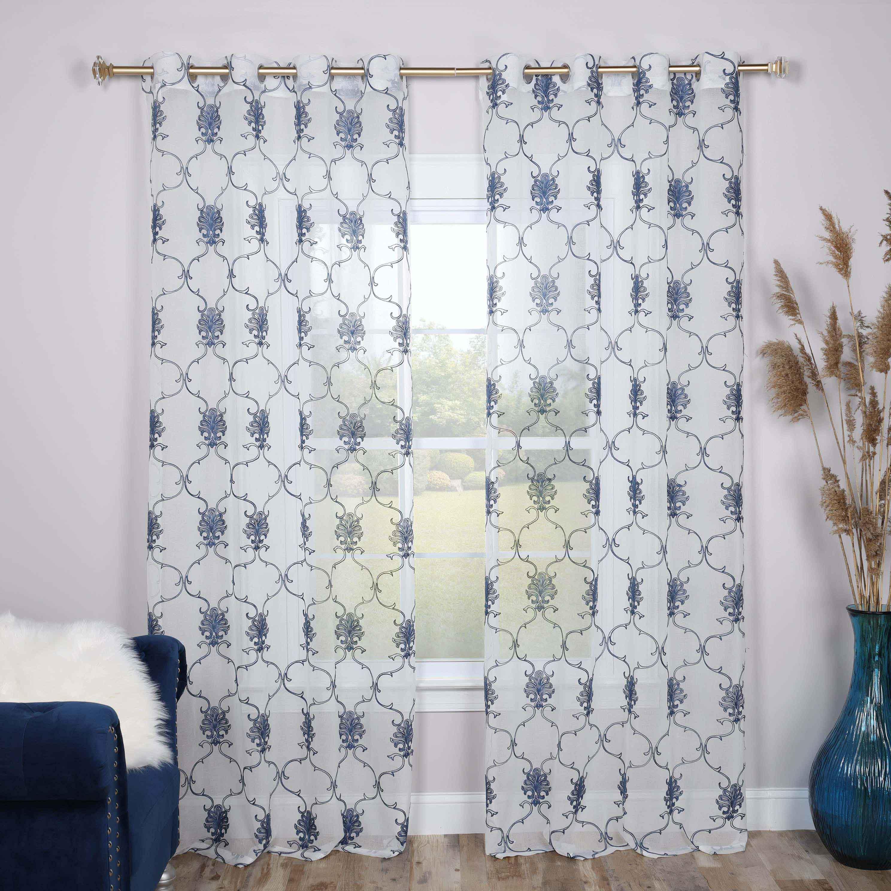 Embroidered Elegant Scroll Sheer Grommet Curtain Panel Set - Sheer Curtains by Superior Brand