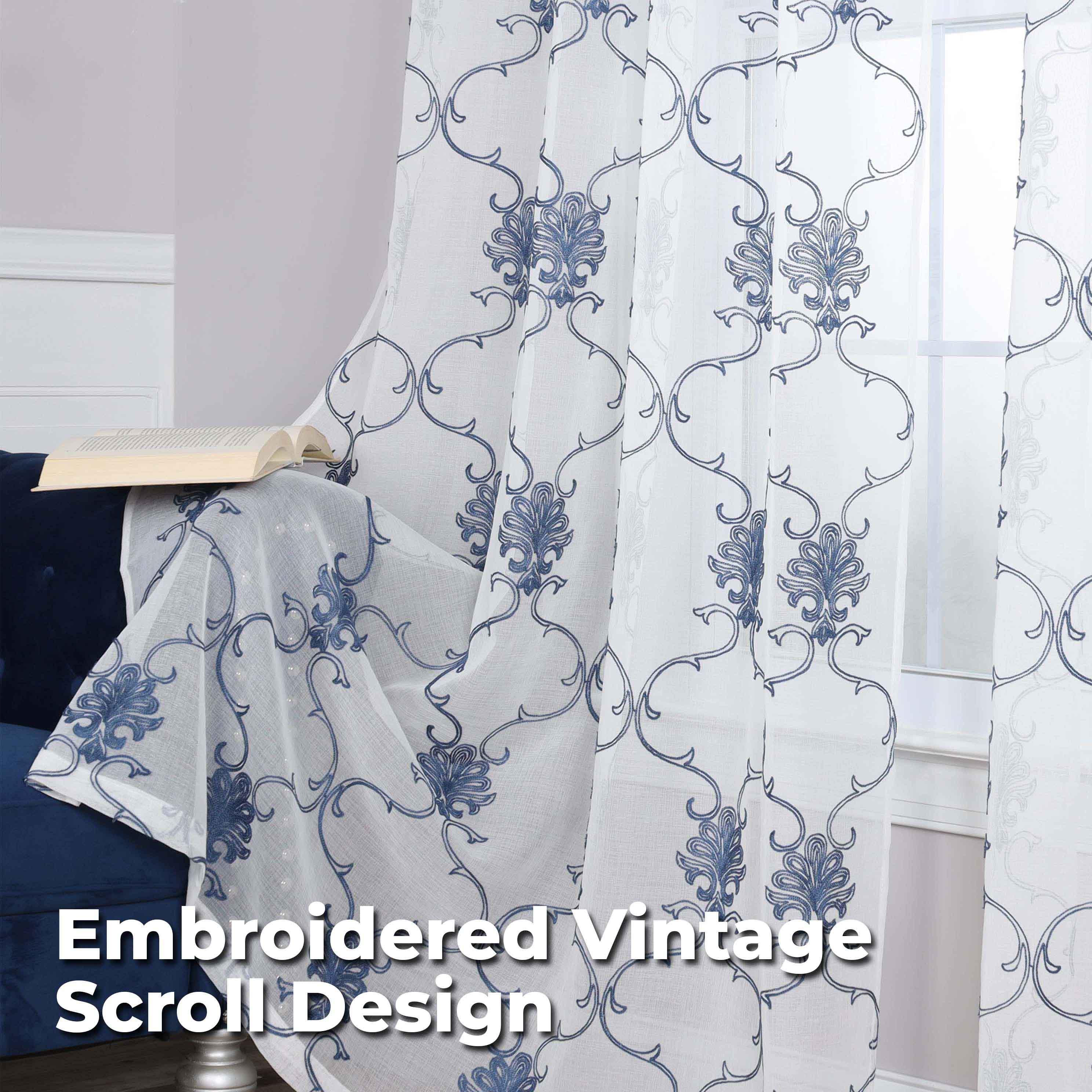 Embroidered Elegant Scroll Sheer Grommet Curtain Panel Set - Sheer Curtains by Superior Brand