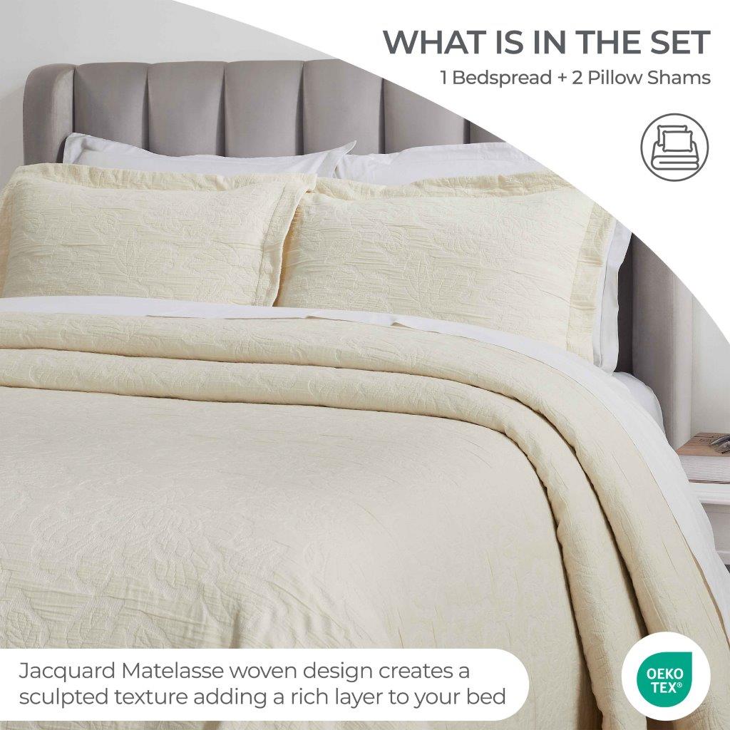 Cotton Bedspread Sets 3-Piece Hibiscus Floral Jacquard Matelassé - Bedspread by Superior Brand