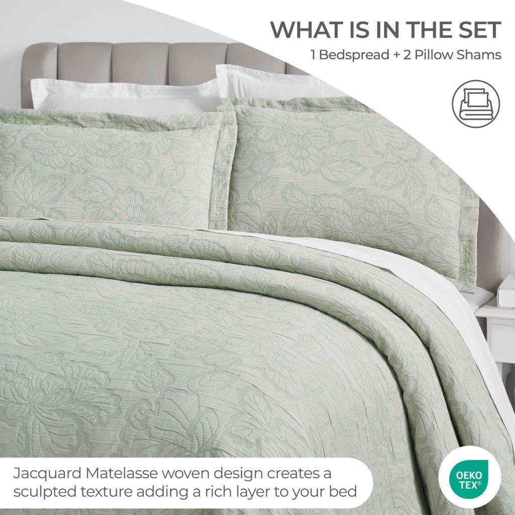 Cotton Bedspread Sets 3-Piece Hibiscus Floral Jacquard Matelassé - Bedspread by Superior Brand