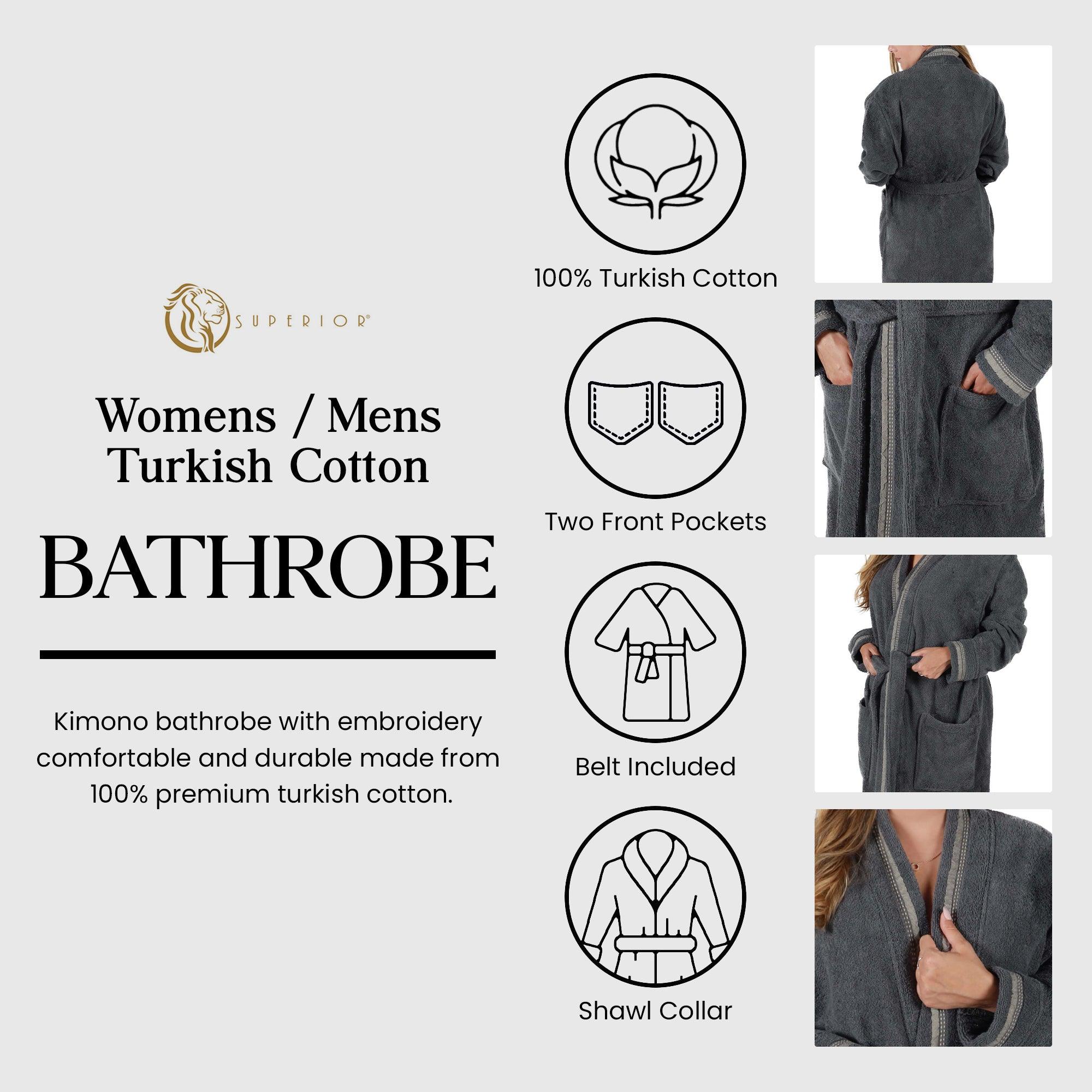 Turkish Cotton Terry Kimono Embroidered Super-Soft Unisex Bathrobe - Bath Robe by Superior Brand