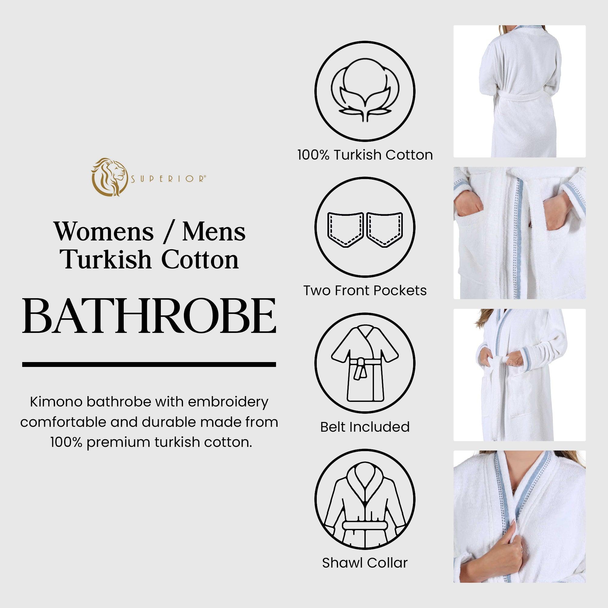 Turkish Cotton Terry Kimono Embroidered Super-Soft Unisex Bathrobe - Bath Robe by Superior Brand