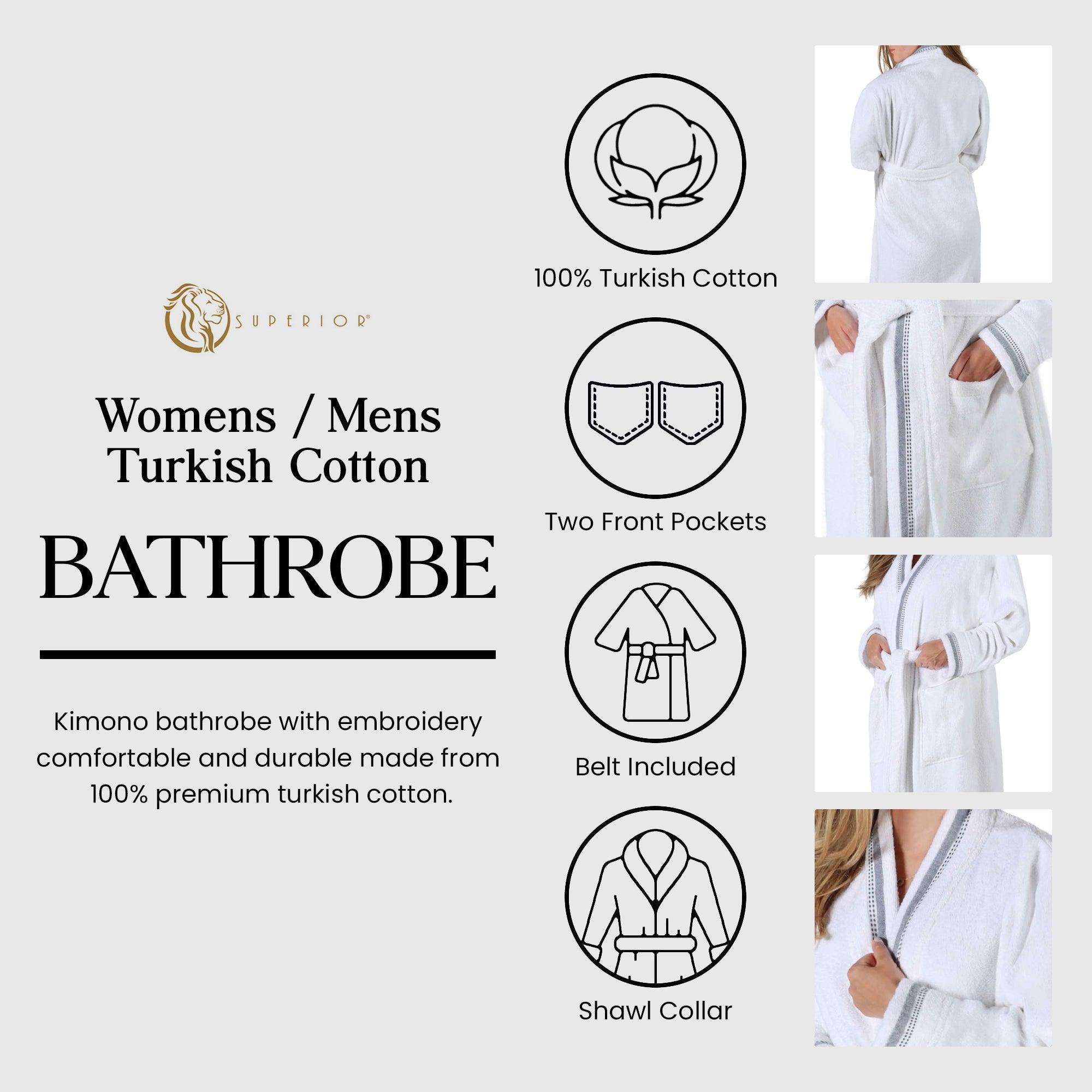 Turkish Cotton Terry Kimono Embroidered Super-Soft Unisex Bathrobe - Bath Robe by Superior Brand