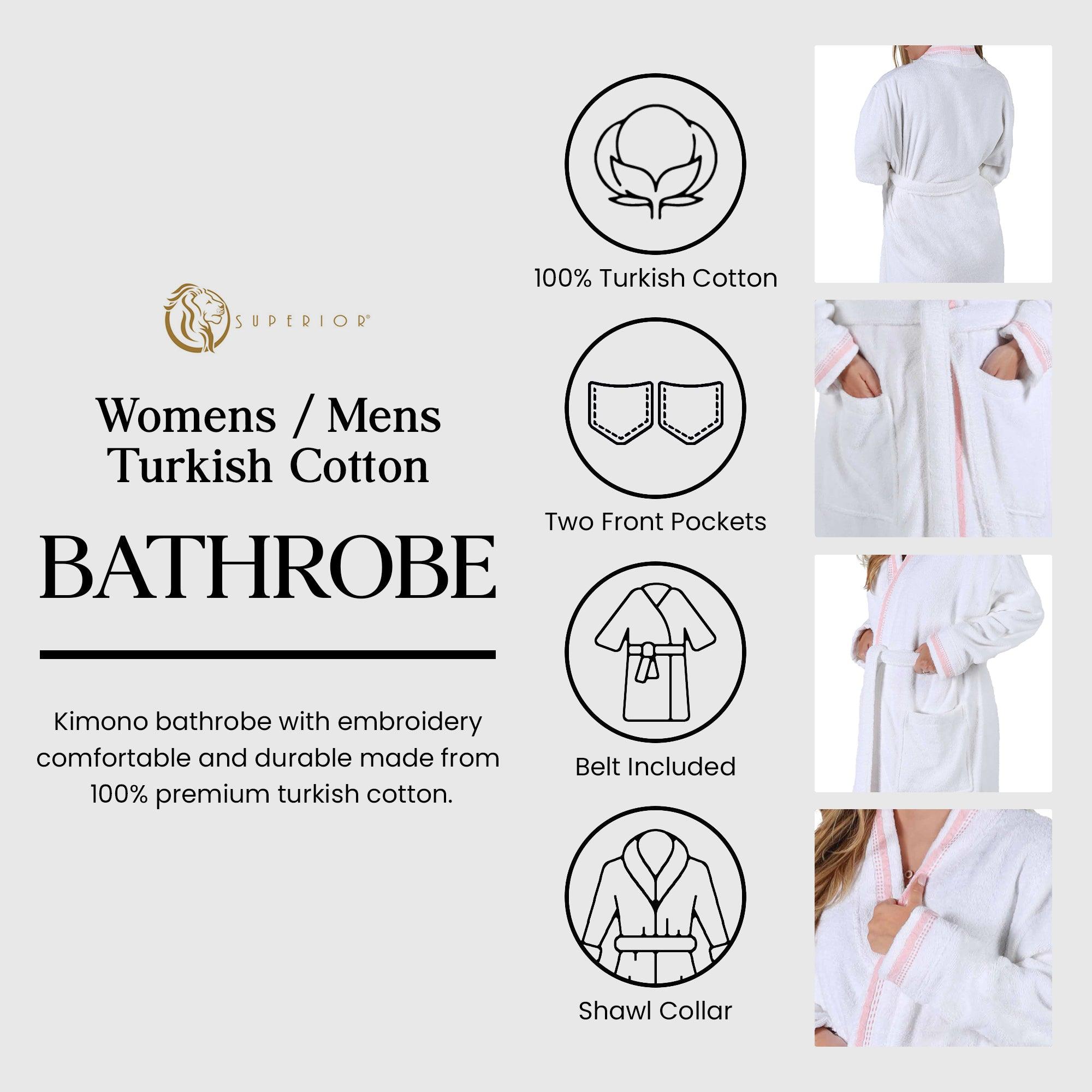 Turkish Cotton Terry Kimono Embroidered Super-Soft Unisex Bathrobe - Bath Robe by Superior Brand