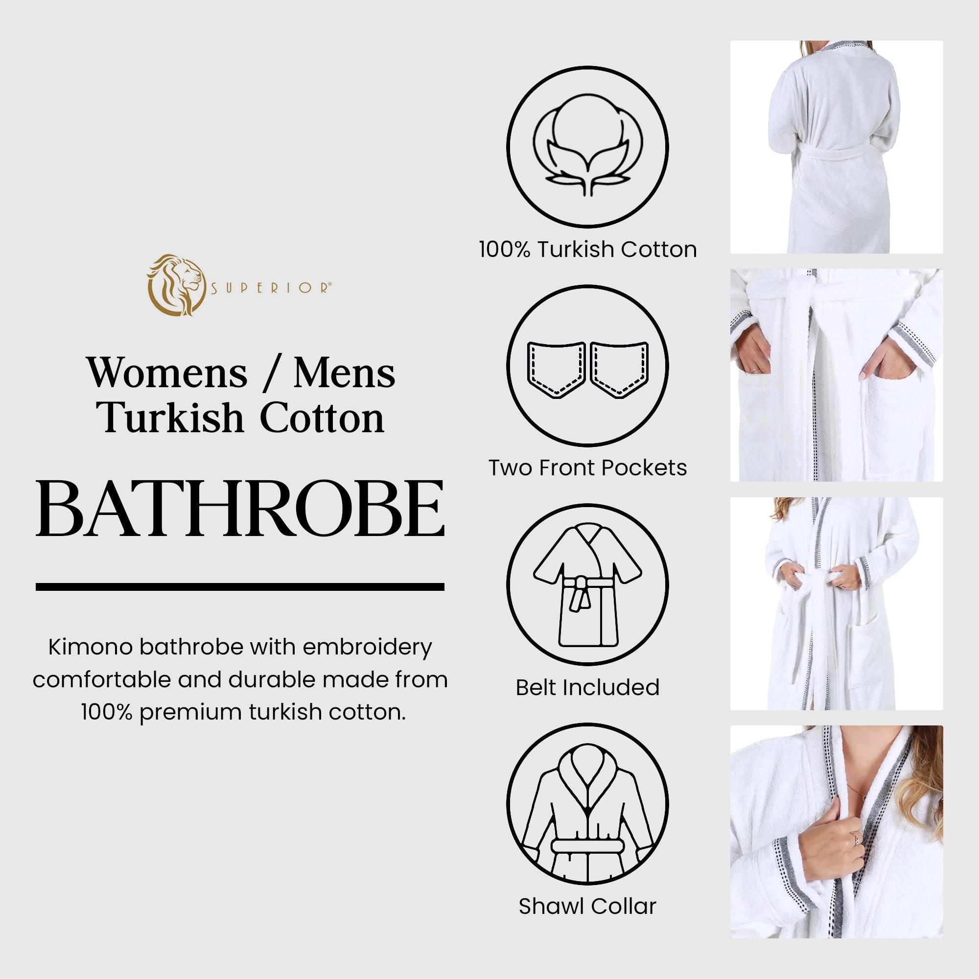 Turkish Cotton Terry Kimono Embroidered Super-Soft Unisex Bathrobe - Bath Robe by Superior Brand