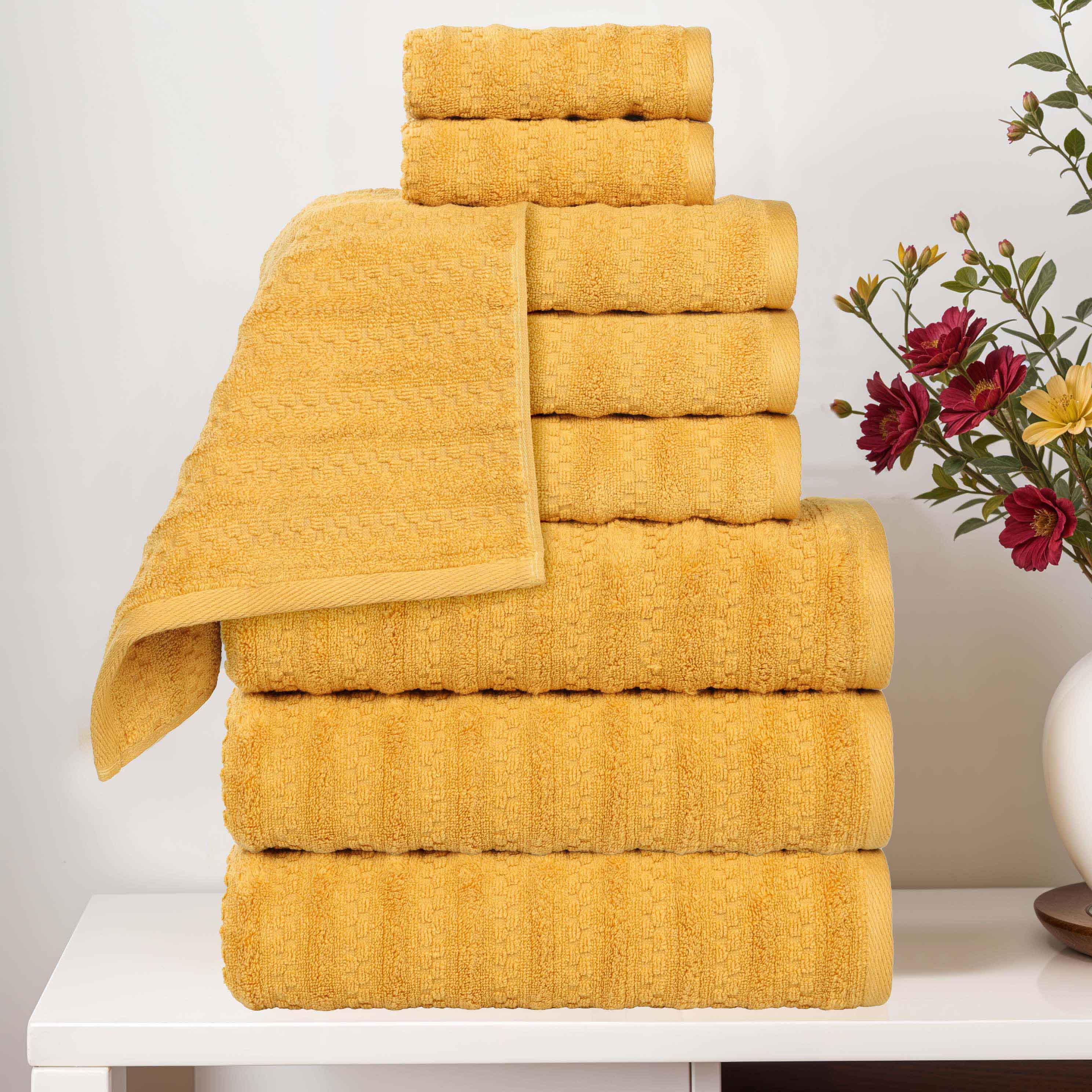 Zuma Zero Twist Cotton Medium Weight Waffle Stripes 9 Piece Towel Set - Towel Set by Superior Brand