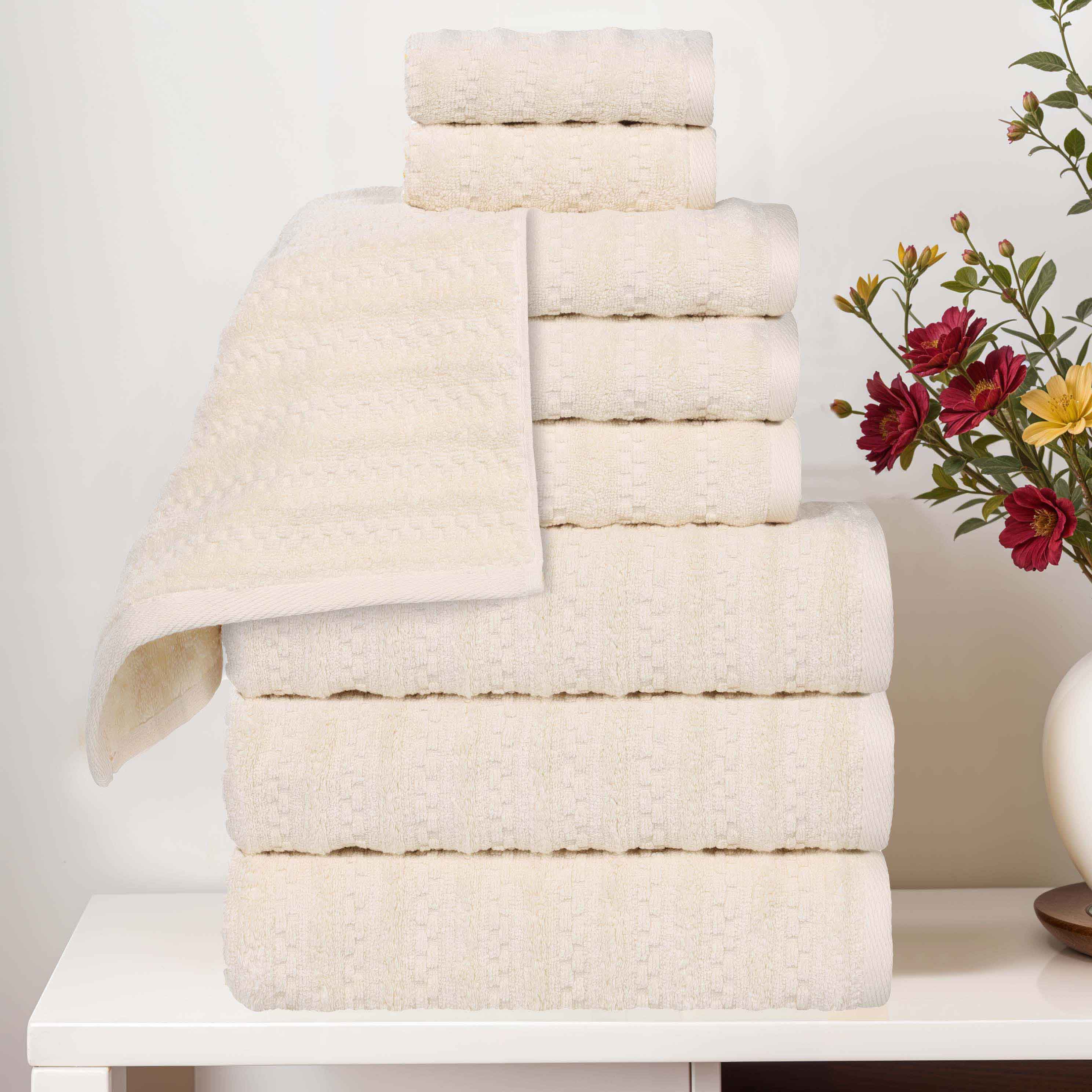 Zuma Zero Twist Cotton Medium Weight Waffle Stripes 9 Piece Towel Set - Towel Set by Superior Brand