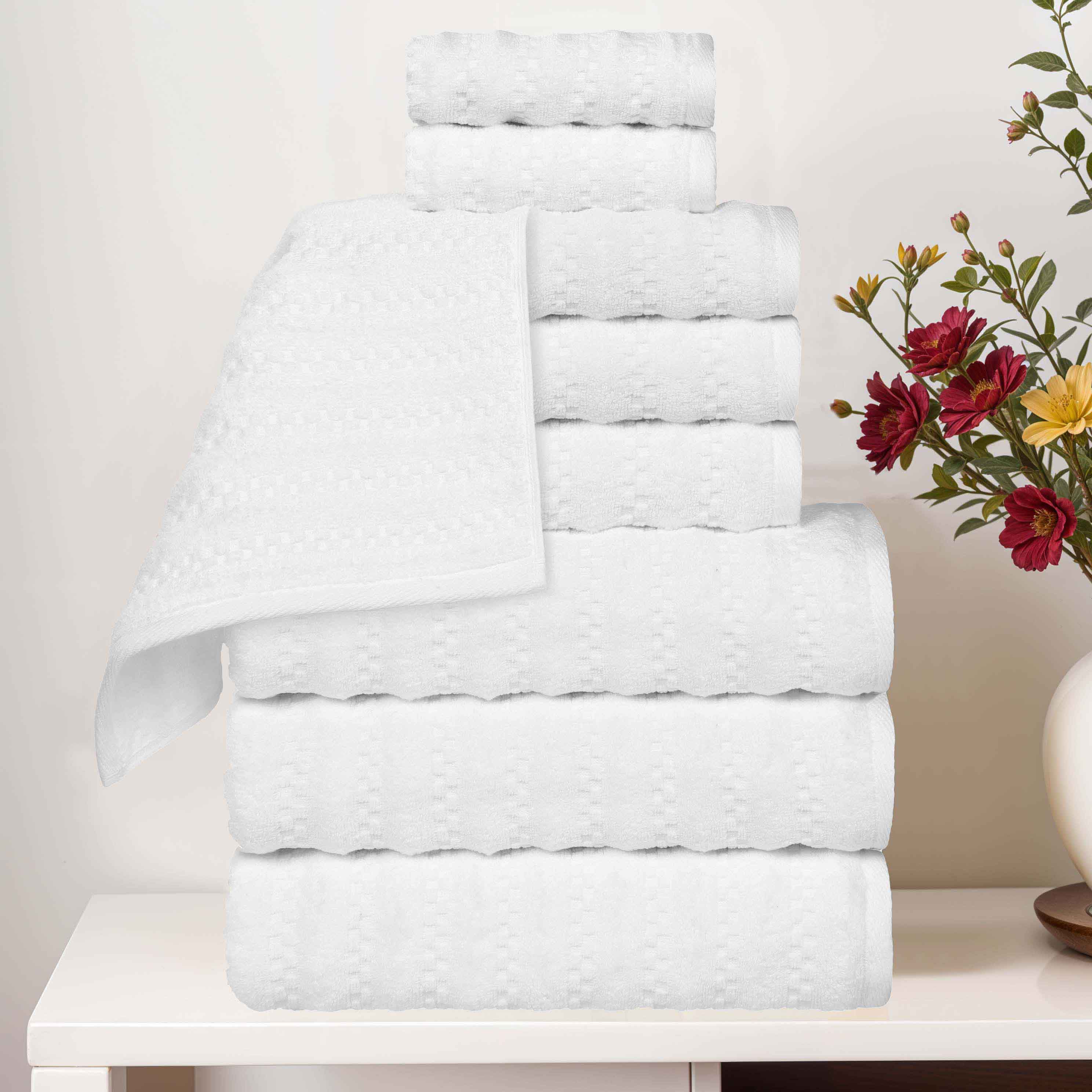 Zuma Zero Twist Cotton Medium Weight Waffle Stripes 9 Piece Towel Set - Towel Set by Superior Brand