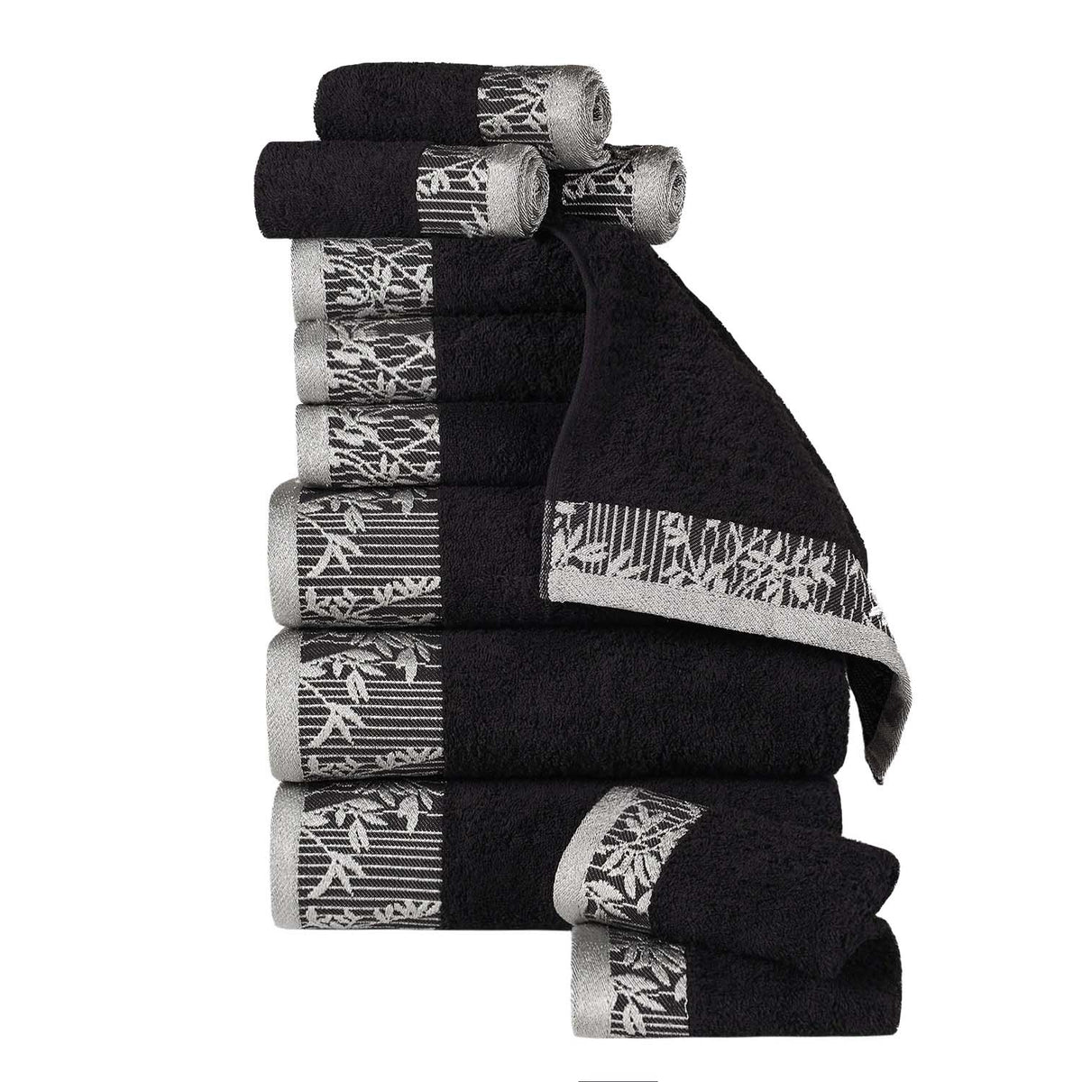 Superior Wisteria Cotton Floral Jacquard 12 Piece Towel Set - Black