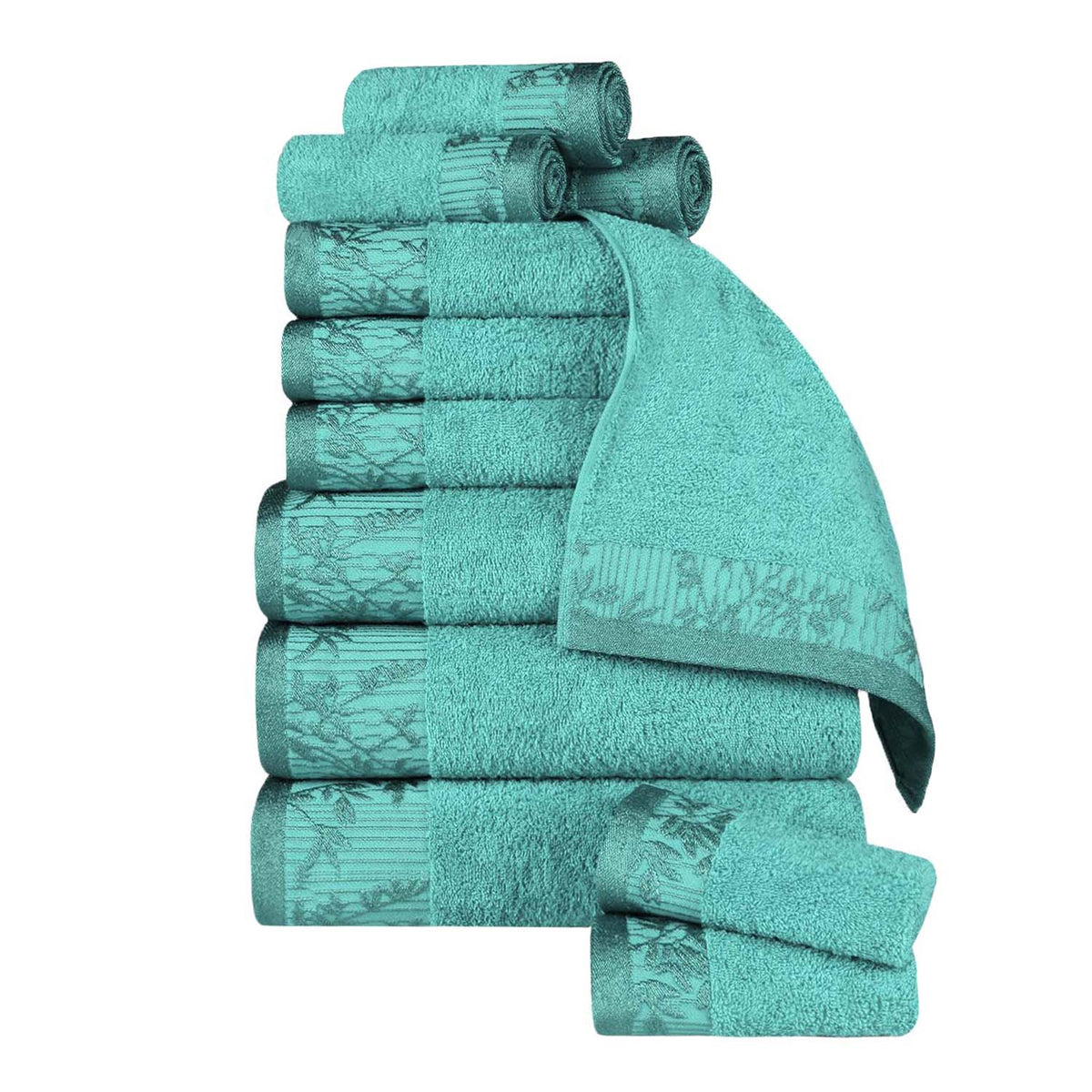 Superior Wisteria Cotton Floral Jacquard 12 Piece Towel Set - Turquoise