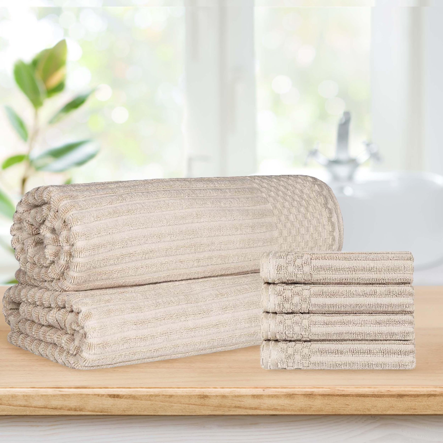 Superior Soho Ribbed Textured Cotton Ultra-Absorbent Hand Towel and Bath Sheet Set - Ivory