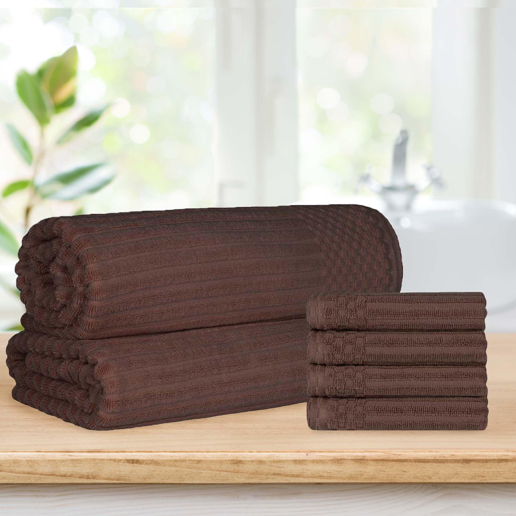 Superior Soho Ribbed Textured Cotton Ultra-Absorbent Hand Towel and Bath Sheet Set - Java