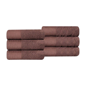 3Premium Turkish Cotton Jacquard Herringbone and Solid 6-Piece Hand Towel Set -   Chocolate