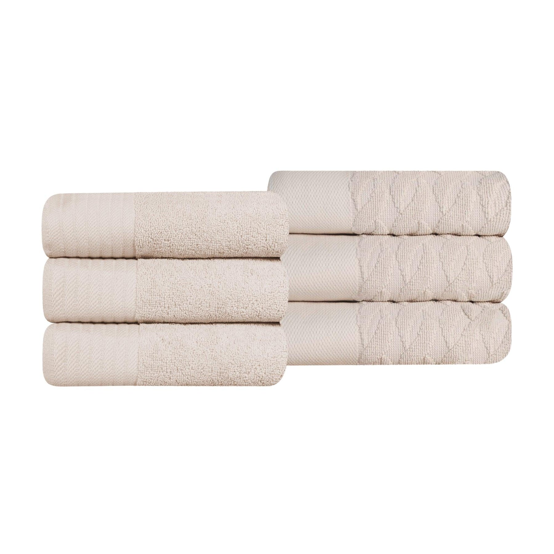 Premium Turkish Cotton Jacquard Herringbone and Solid 6-Piece Hand Towel Set -  Ivory