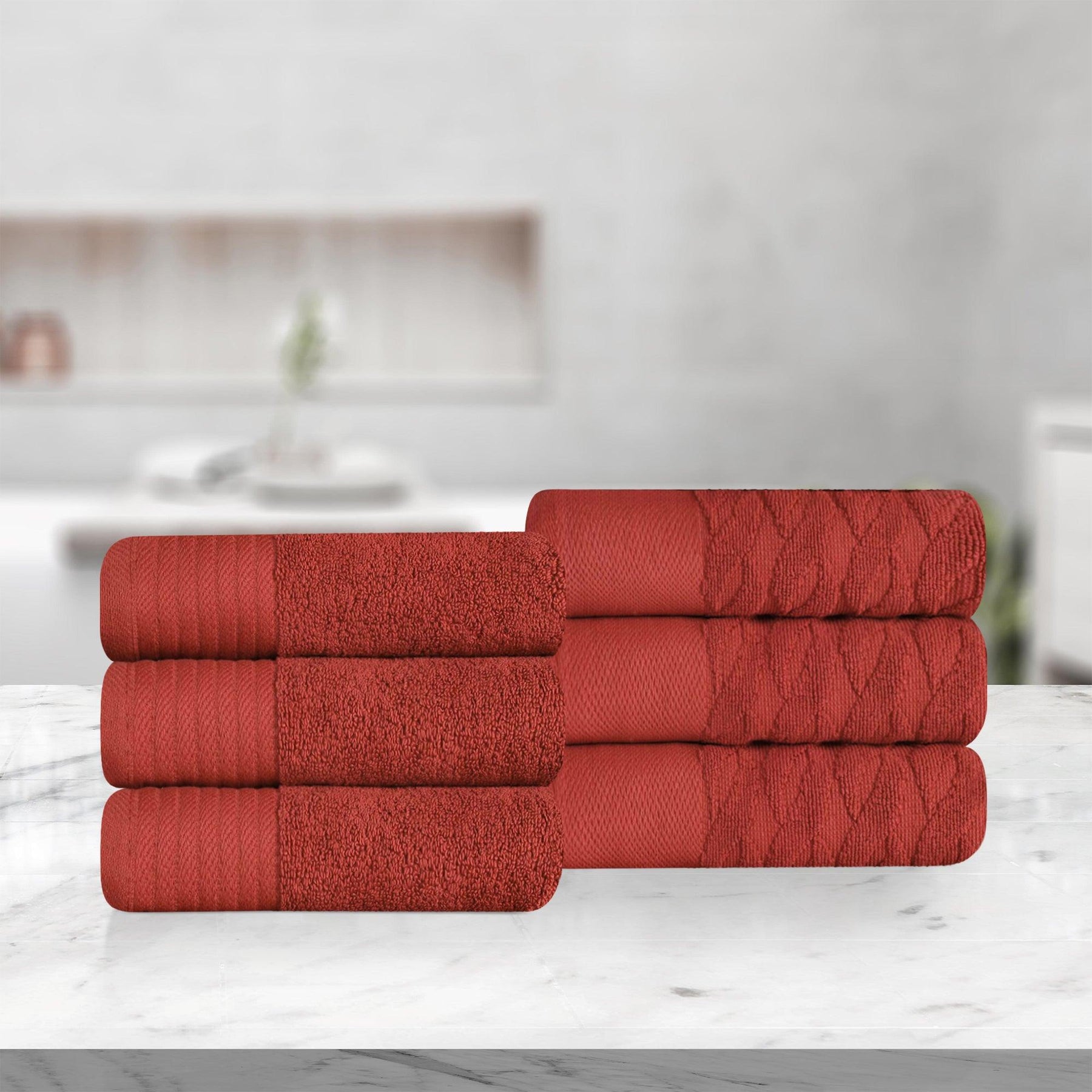 Premium Turkish Cotton Jacquard Herringbone and Solid 6-Piece Hand Towel Set - Maroon