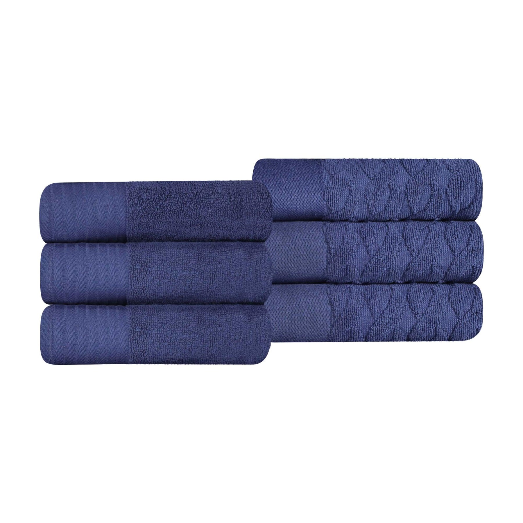 Premium Turkish Cotton Jacquard Herringbone and Solid 6-Piece Hand Towel Set - Navy Blue