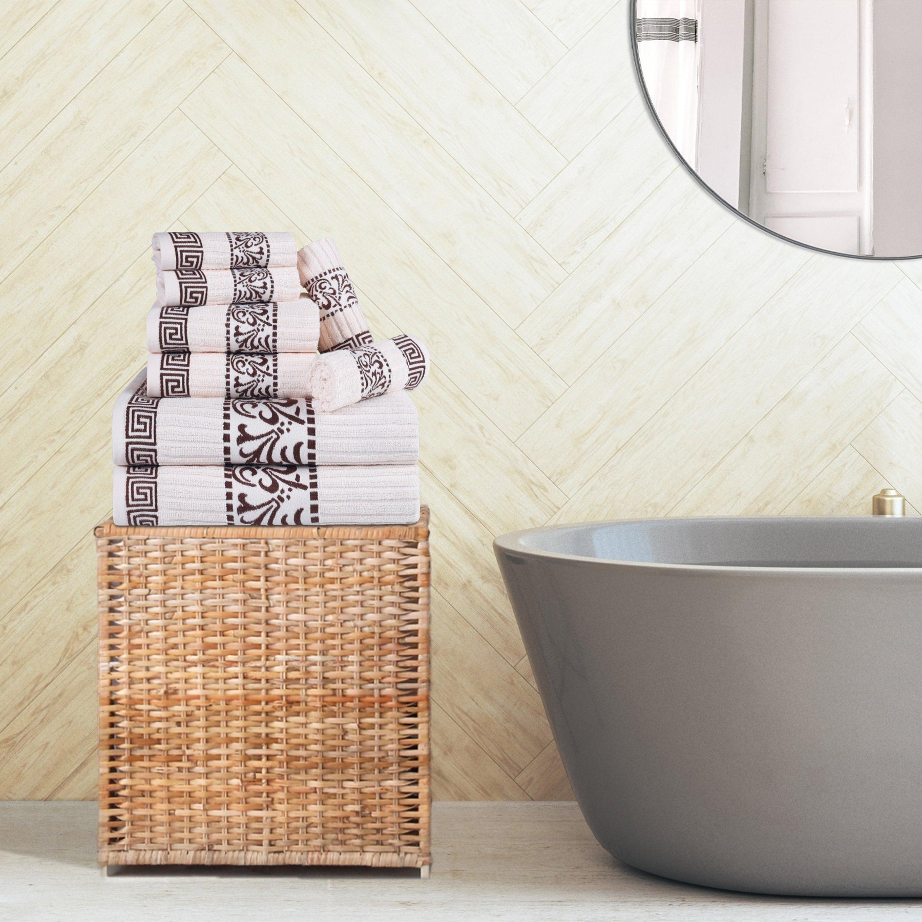 Superior Athens Cotton 8-Piece Towel Set with Greek Scroll and Floral Pattern - Ivory-Chocolate