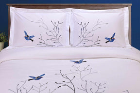 Superior Embroidered Swallow and Floral Cotton Duvet Cover Set - Medium Blue