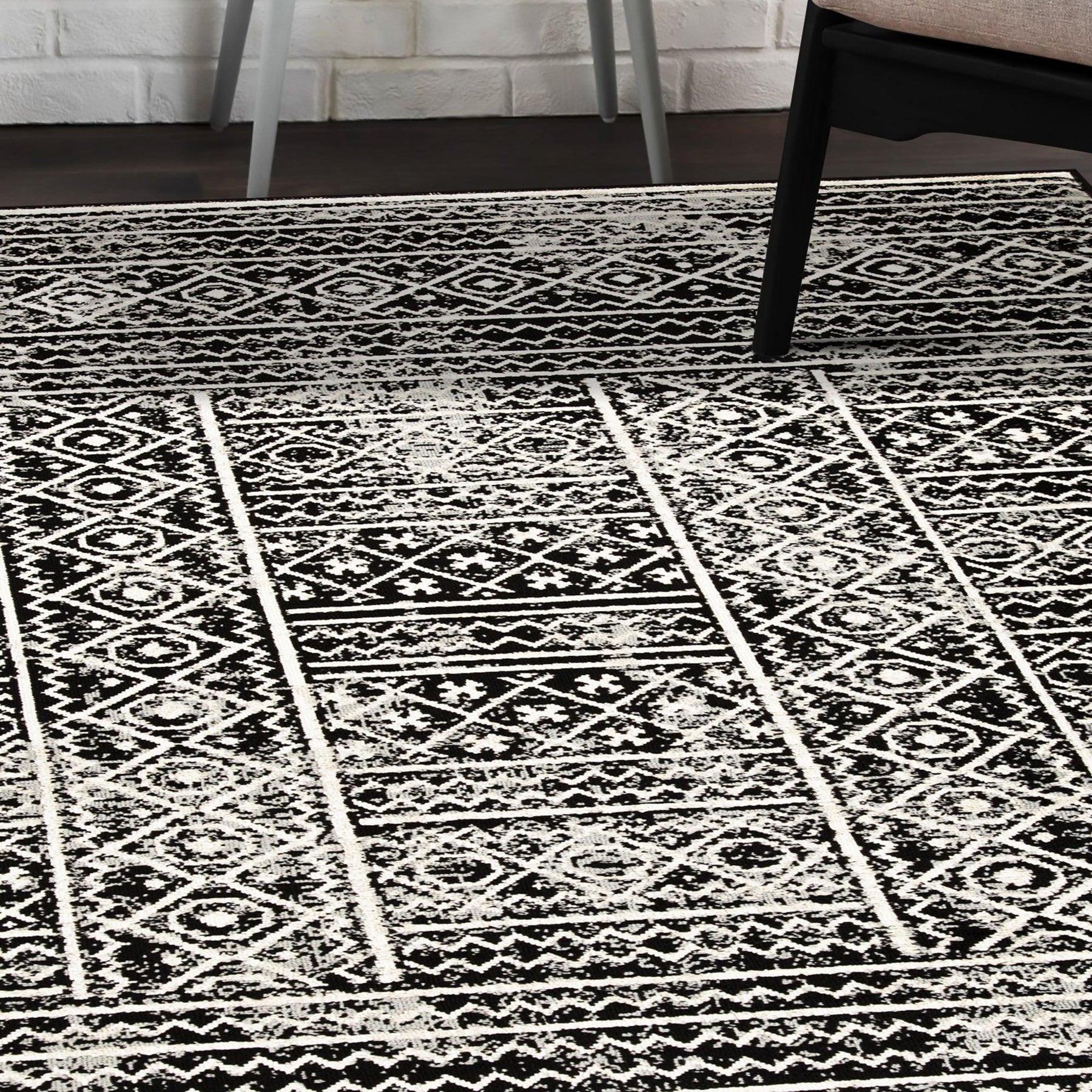 Formal Geometric Border Indoor Area Rug or Runner - Black