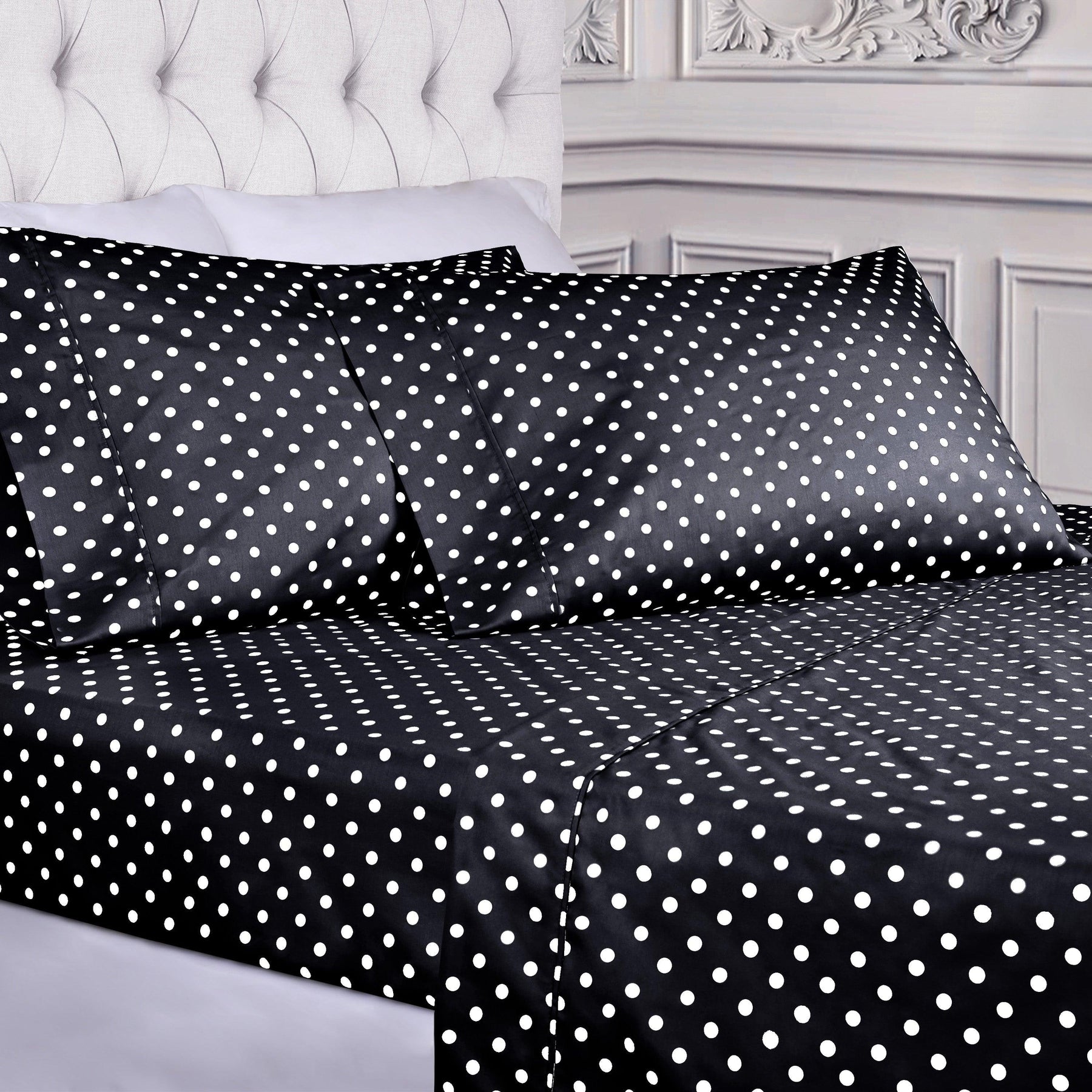 600 Thread Count Cotton Blend Polka Dot Luxury Deep Pocket Retro Bed Sheet Set - Black