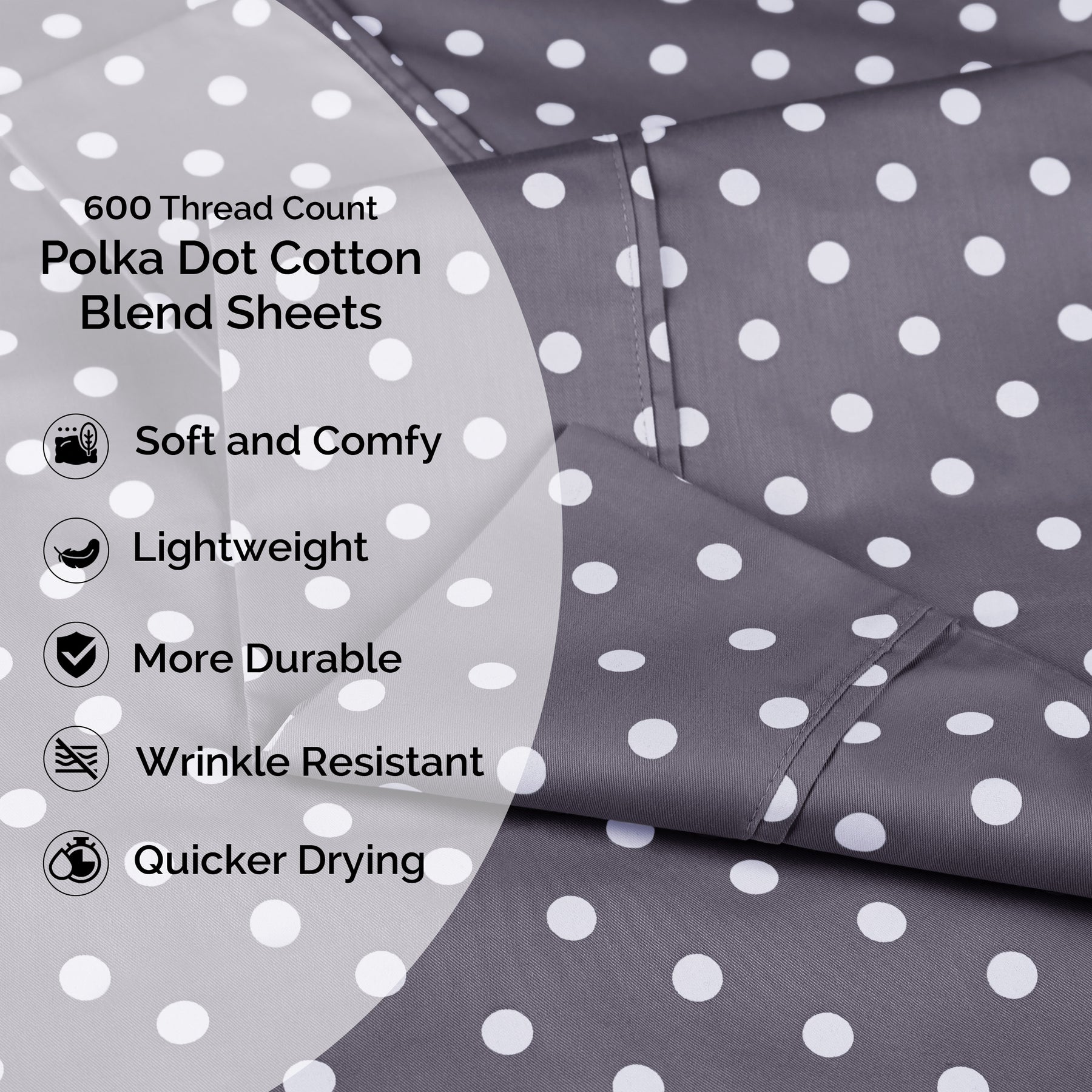 600 Thread Count Cotton Blend Polka Dot Luxury Deep Pocket Retro Bed Sheet Set - Grey